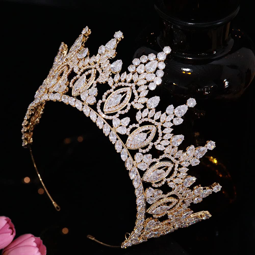 Luxury Cubic Zirconia Wedding Crown for Women - Gold Bridal Tiara with CZ Stones for Quinceañera, Pageant & Special Occasions | Elegant Hair Accessory for Brides, Prom & Formal Events