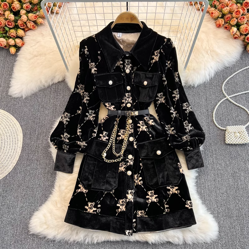 Cute Bear Print Velvet Coat Dress for Women - Warm Winter & Fall Outfit for Casual Wear, Parties & Holidays
