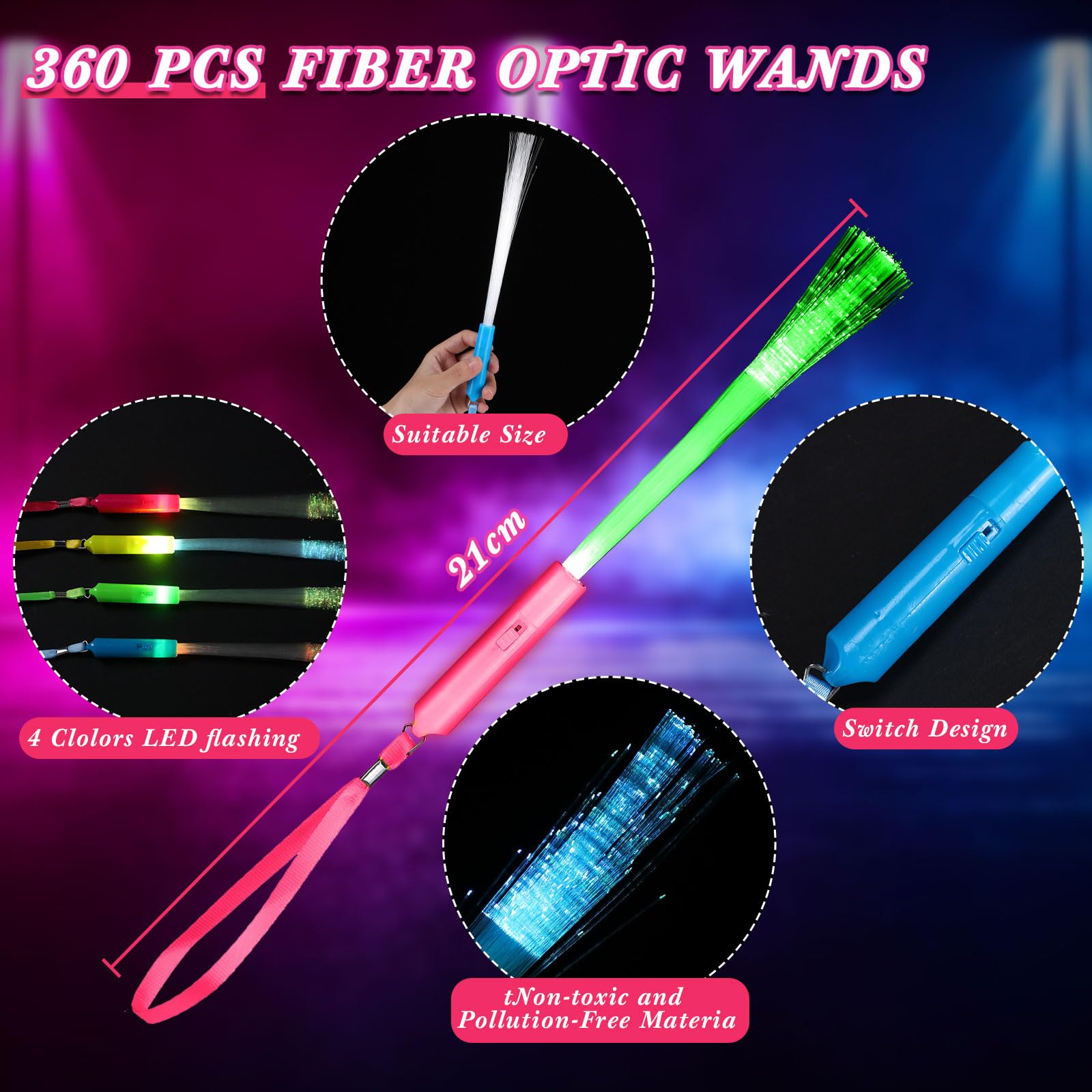 Junkin 360 Pcs Fiber Optic LED Light Up Wands - Glow Sticks with Batteries Included for Parties, Weddings, Birthdays & Carnivals - Perfect for Night Events, Raves, Concerts & Festivals