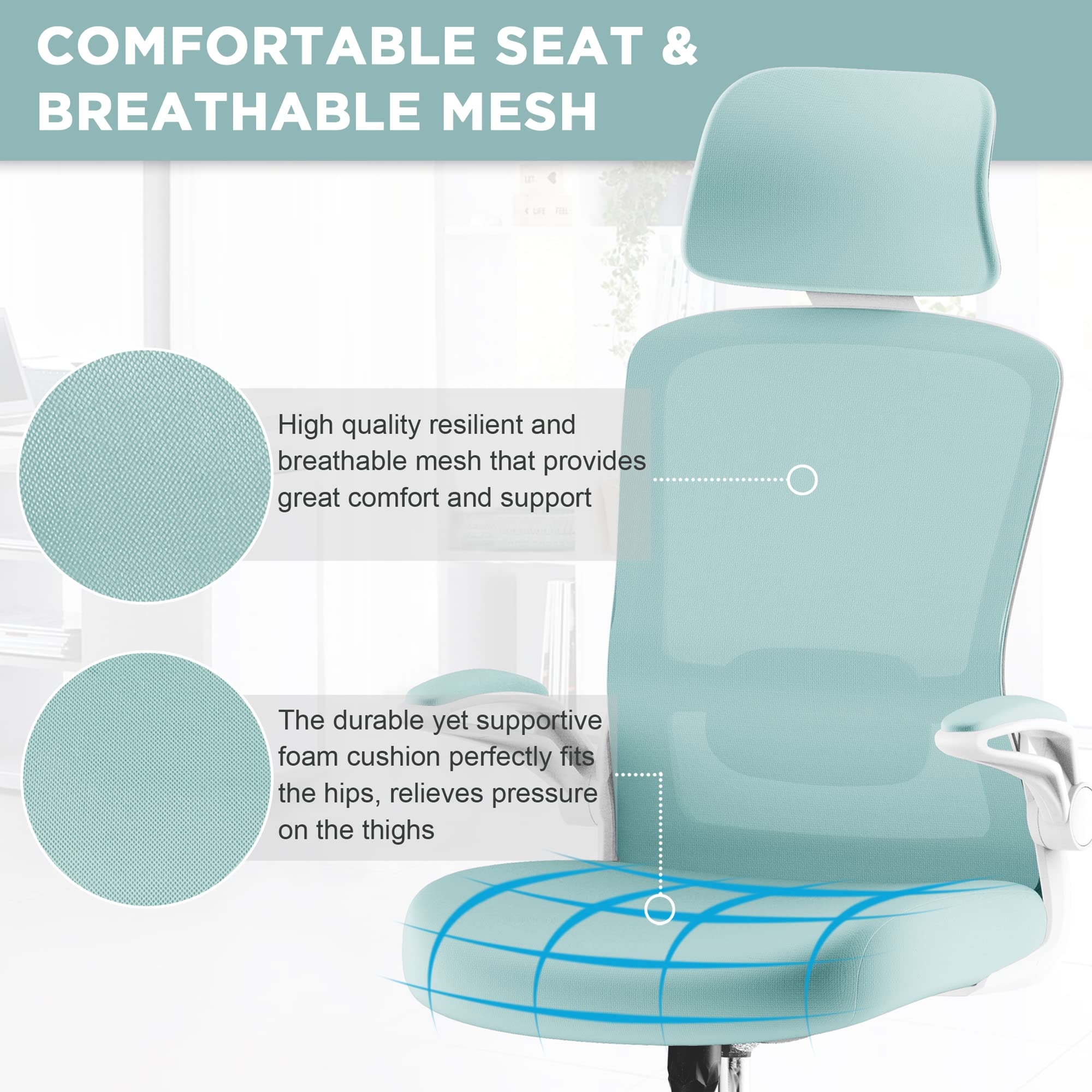 Ergonomic Office Chair with Adjustable Lumbar Support & Headrest - High Back Computer Desk Chair for Home Office, Flip-Up Armrests for Guitar Playing, Comfortable Task Chair for Long Hours Working | Perfect for Home Office, Gaming & Music Practice
