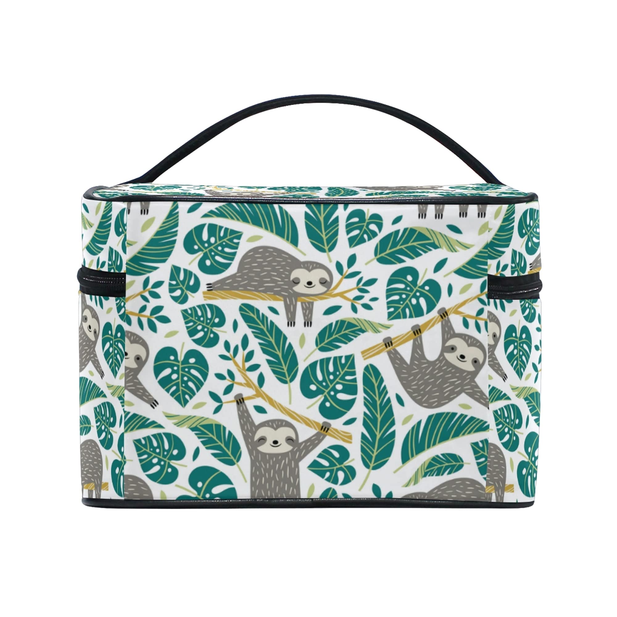 Cute Sloths & Tropical Palm Leaves Makeup Bag - Waterproof Travel Cosmetic Organizer for Women, Girls, Ladies - Perfect for Vacation, Gym, Beach & Daily Use