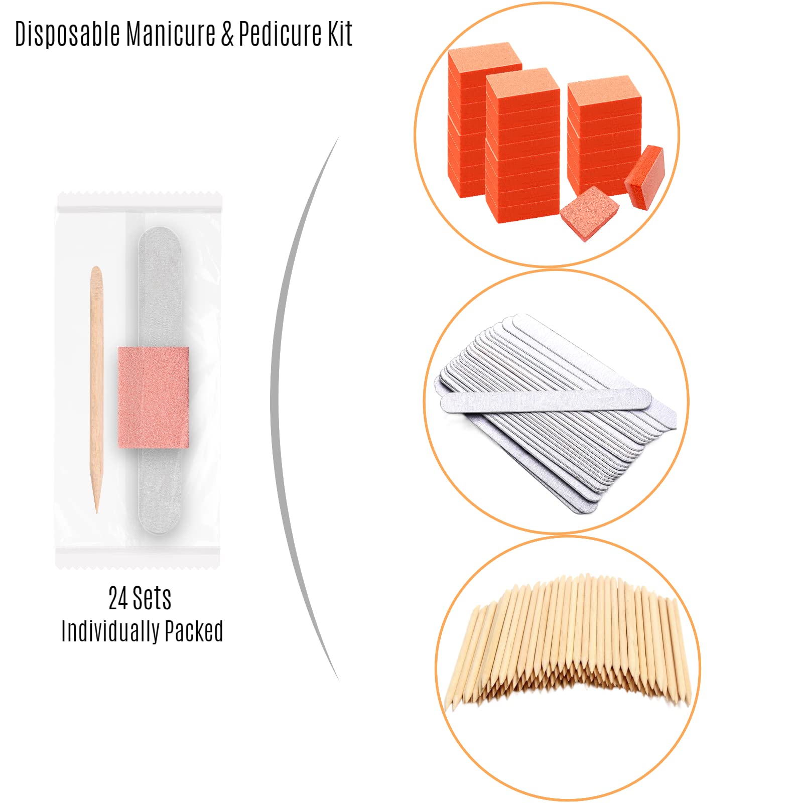 Professional 24-Pack Disposable Manicure & Pedicure Kit - Wooden Nail Files, Mini Buffers & Cuticle Sticks - Individually Wrapped for Hygiene - Perfect for Nail Salons, Home Care & Travel Grooming