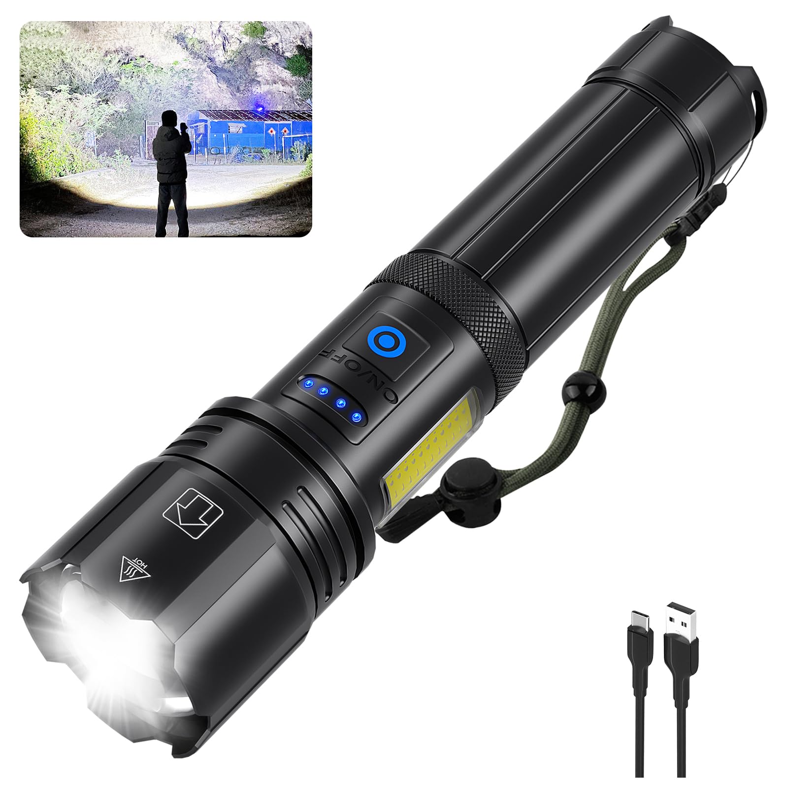 Rechargeable High Lumens Flashlight - 990000 Lumens Ultra Bright LED Flashlight with 15 Hours Runtime, IPX7 Waterproof, 7 Modes for Camping, Hiking, Emergency & Home Use
