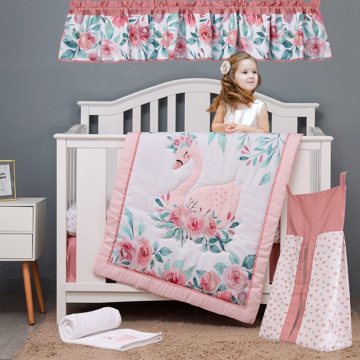 Floral Swan Baby Girl Crib Bedding Set - 6 Piece Nursery Set with Quilt, Fitted Sheets, Skirt & Valances | Soft & Safe for Newborns | Perfect for Nursery Decor, Baby Showers & Gifts