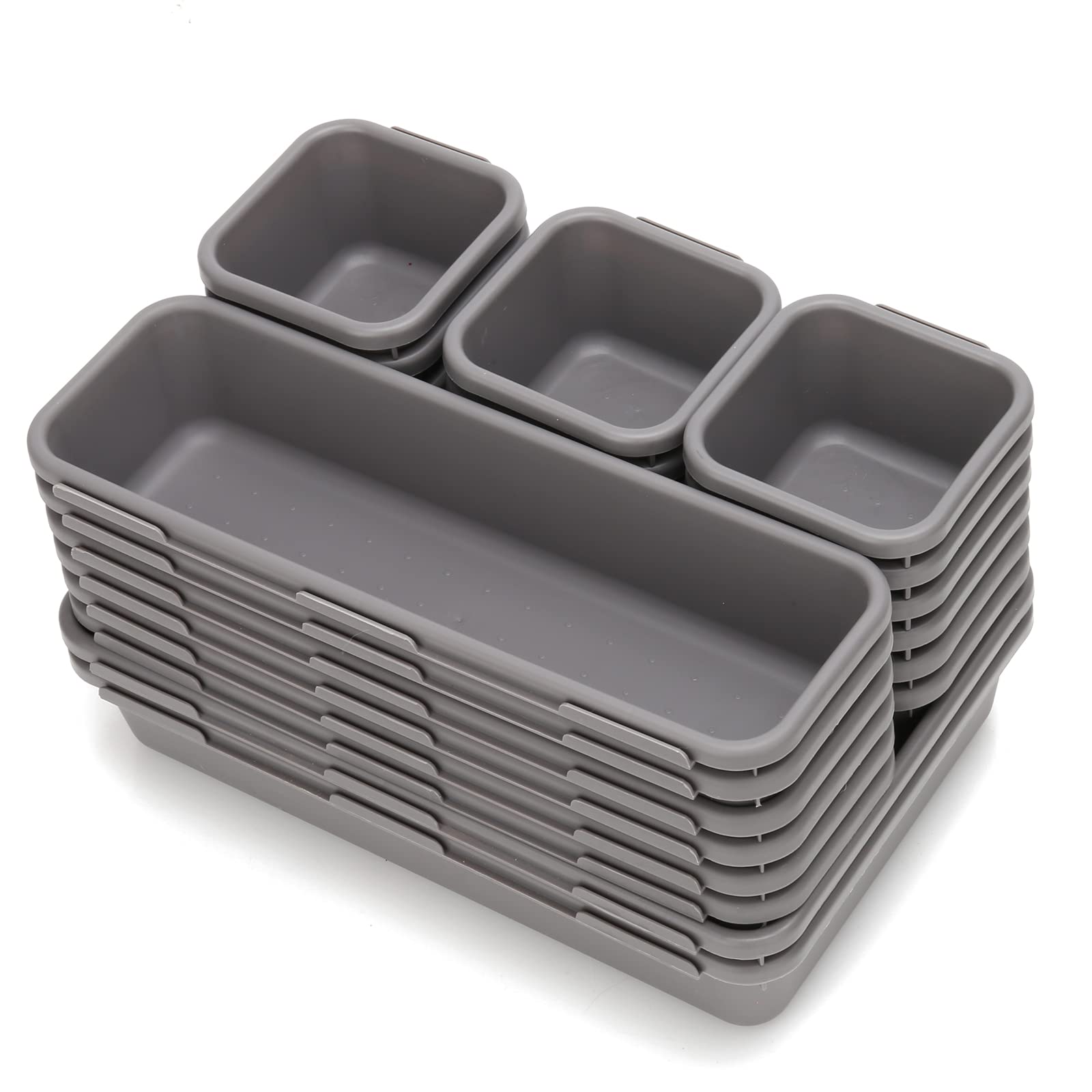 KeFanta 22 Pack Interlocking Drawer Organizer Trays - Space Saving Grey Storage Bins for Office, Bathroom, Kitchen & Makeup Organization - Perfect for Clutter-Free Desks, Vanities and Cabinets