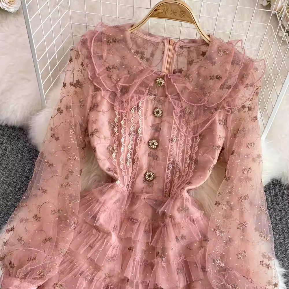 Autumn Sweet Doll Collar Embroidered Mesh A-Line Cake Dress 1774 | Elegant Party Dress for Women | Perfect for Weddings, Tea Parties & Special Occasions