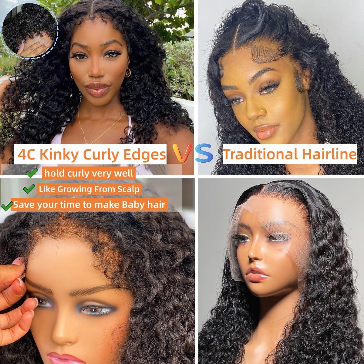 180% Density Kinky 4C Curly Edges Wig - 13x4 HD Transparent Lace Front Human Hair Wig with Pre-Plucked Hairline | Glueless Frontal Wig for Black Women (26inch, Natural Black) | Perfect for Daily Wear, Cosplay & Special Occasions
