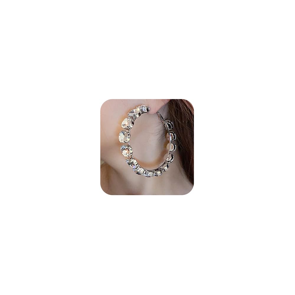 Sparkling Rhinestone Large Hoop Earrings for Women - Colorful Geometric Circle Dangle Earrings, Chunky Huggie Hoop Jewelry (Silver) | Perfect for Parties, Weddings & Night Out Accessories