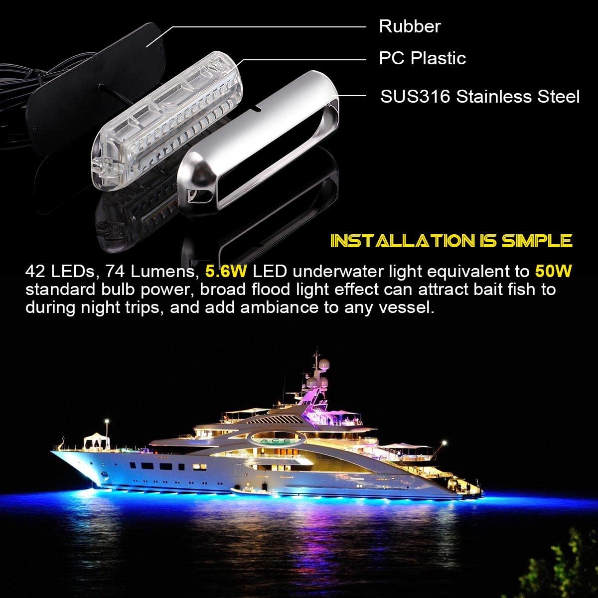 Kawell 42 LED Boat Lights - Waterproof IP68 Stainless Steel Underwater Pontoon Marine Navigation Lights - Blue | Perfect for Night Fishing, Boat Parties & Dock Lighting