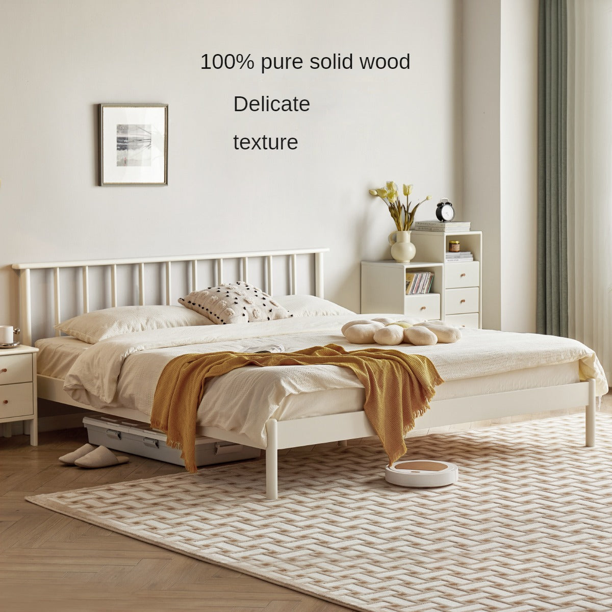 Solid Pine Wood Bed - Nordic Light Luxury White Bed Frame for Master Bedroom, Guest Room & Modern Home Decor