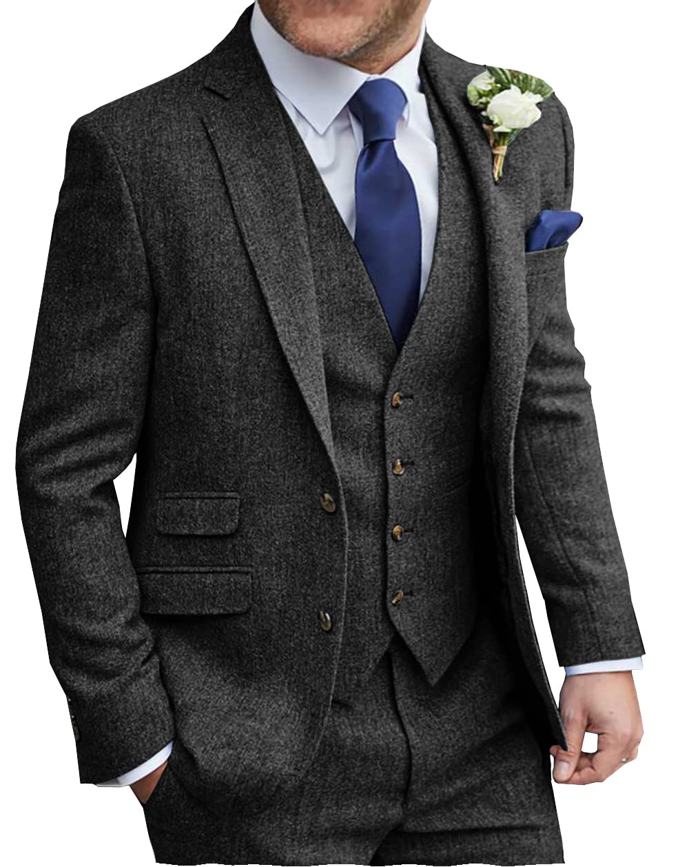 MoranX Men's 3-Piece Herringbone Tweed Wool Suit Set - Formal Business Blazer, Vest & Pants for Wedding, Office & Special Occasions | Regular Fit Tuxedo Style