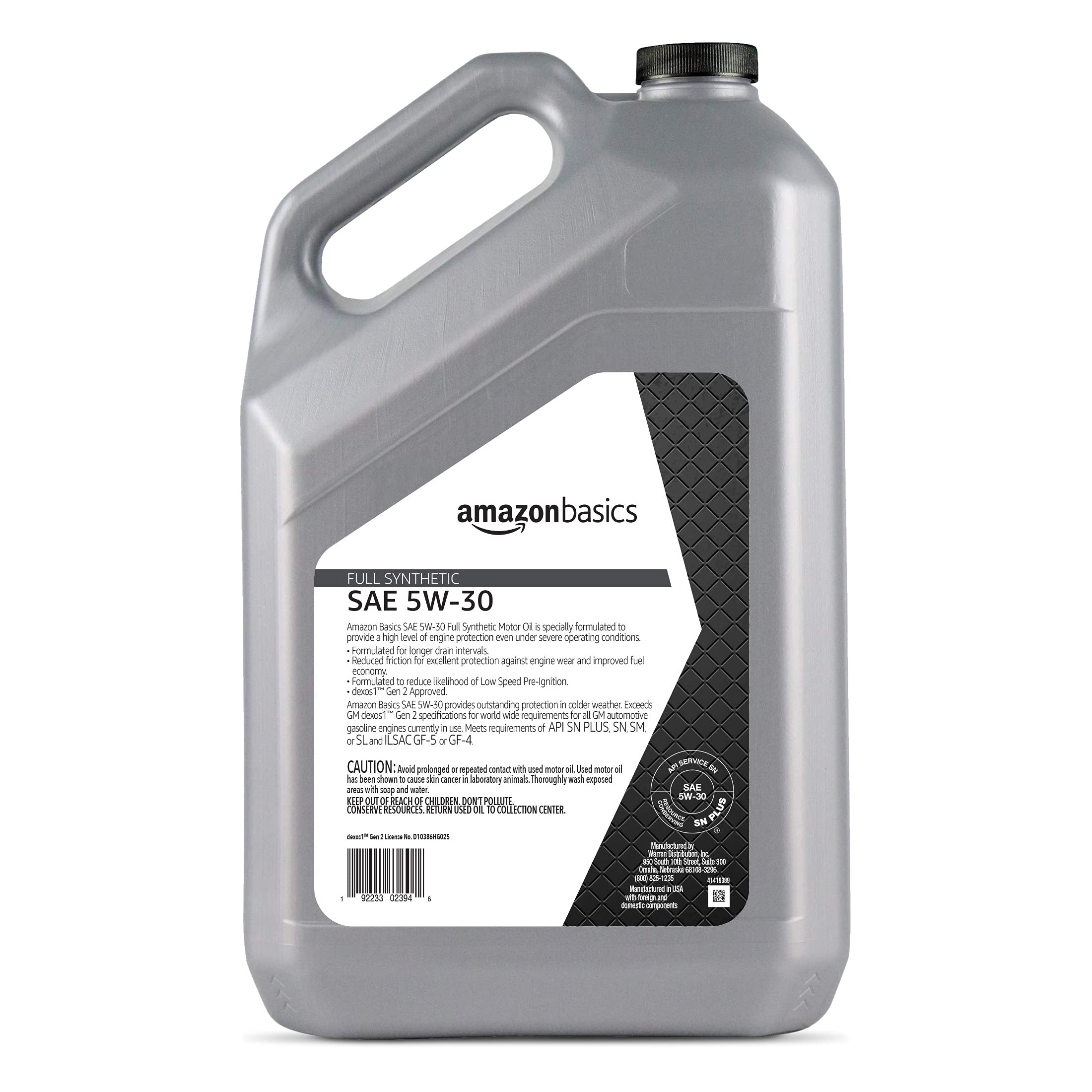 Amazon Basics Full Synthetic Motor Oil 5W-30 - 5 Quart (5.3 Liter) for Cars, SUVs & Light Trucks - High Mileage Engine Protection & Performance Boost