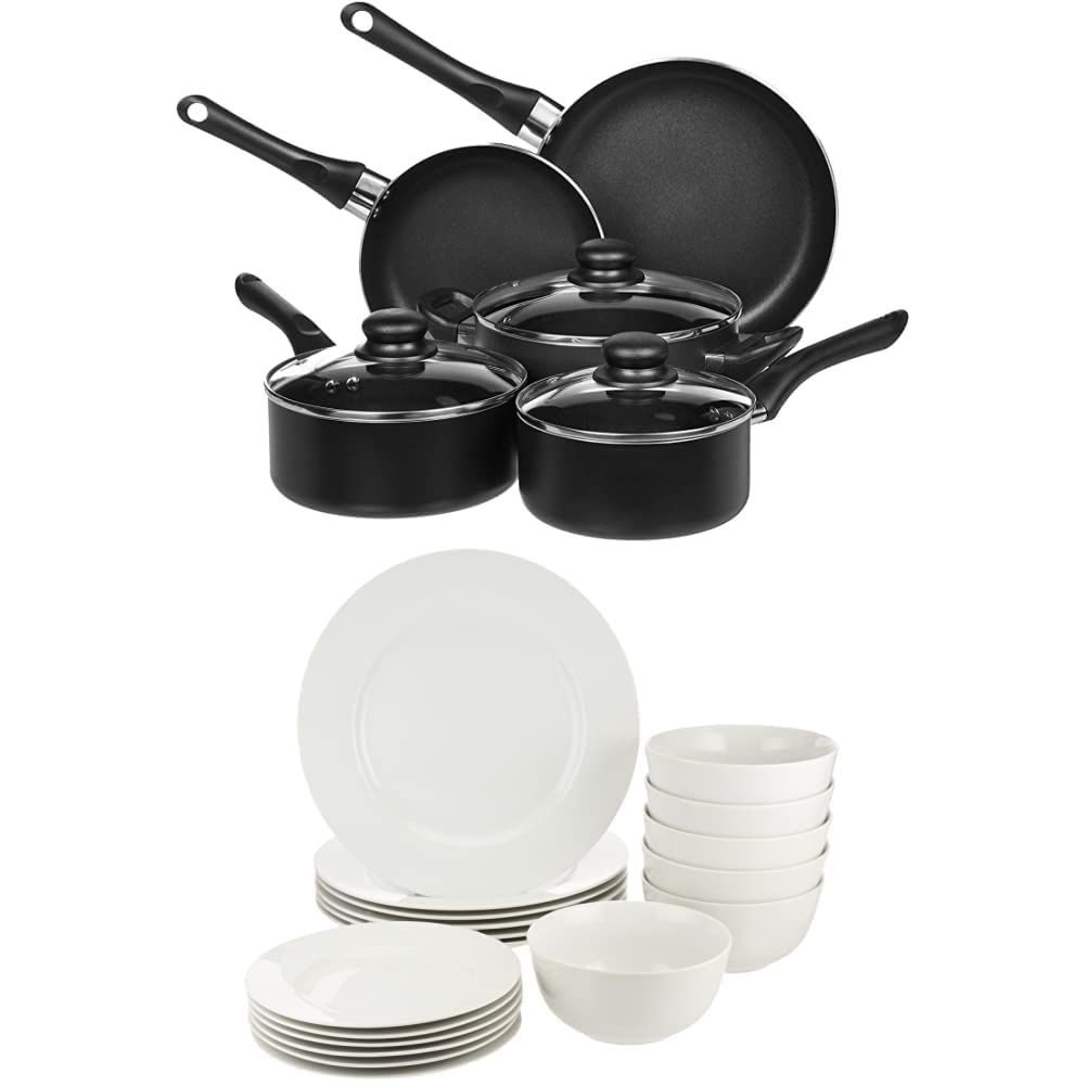 Amazon Basics 18-Piece White Dinnerware Set - Plates, Bowls & Mugs for 6 | Non-Stick 8-Piece Cookware Set with Pots & Pans | Perfect for Family Dinners, Entertaining & Everyday Kitchen Use