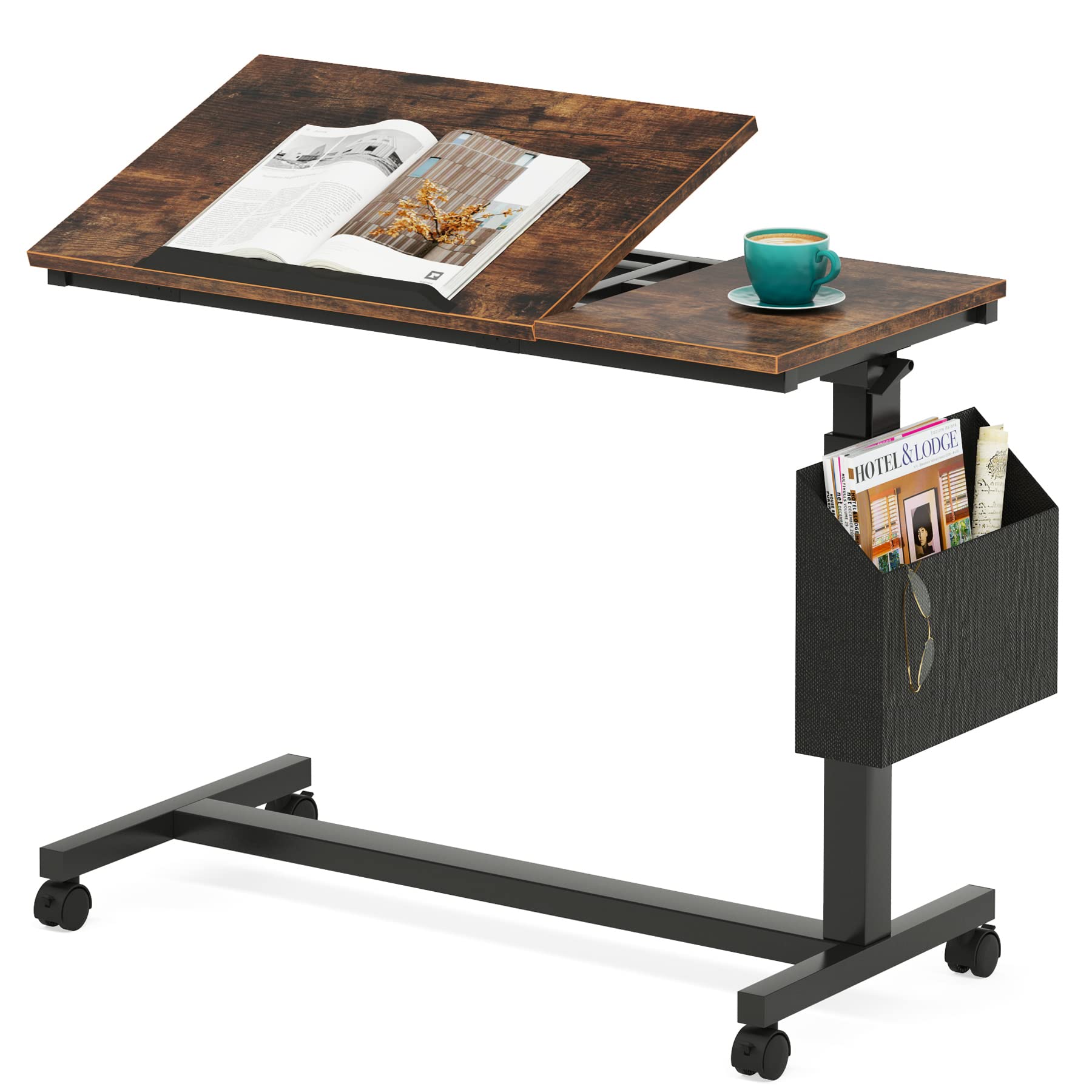 Tribesigns Adjustable Height C-Shaped End Table with Wheels & Side Pocket - Mobile Sofa Snack Table, Tiltable Drawing Board & Laptop Tray for Couch, Bed, Living Room - Rustic Brown - Perfect for Home Office, Gaming & Small Space Living