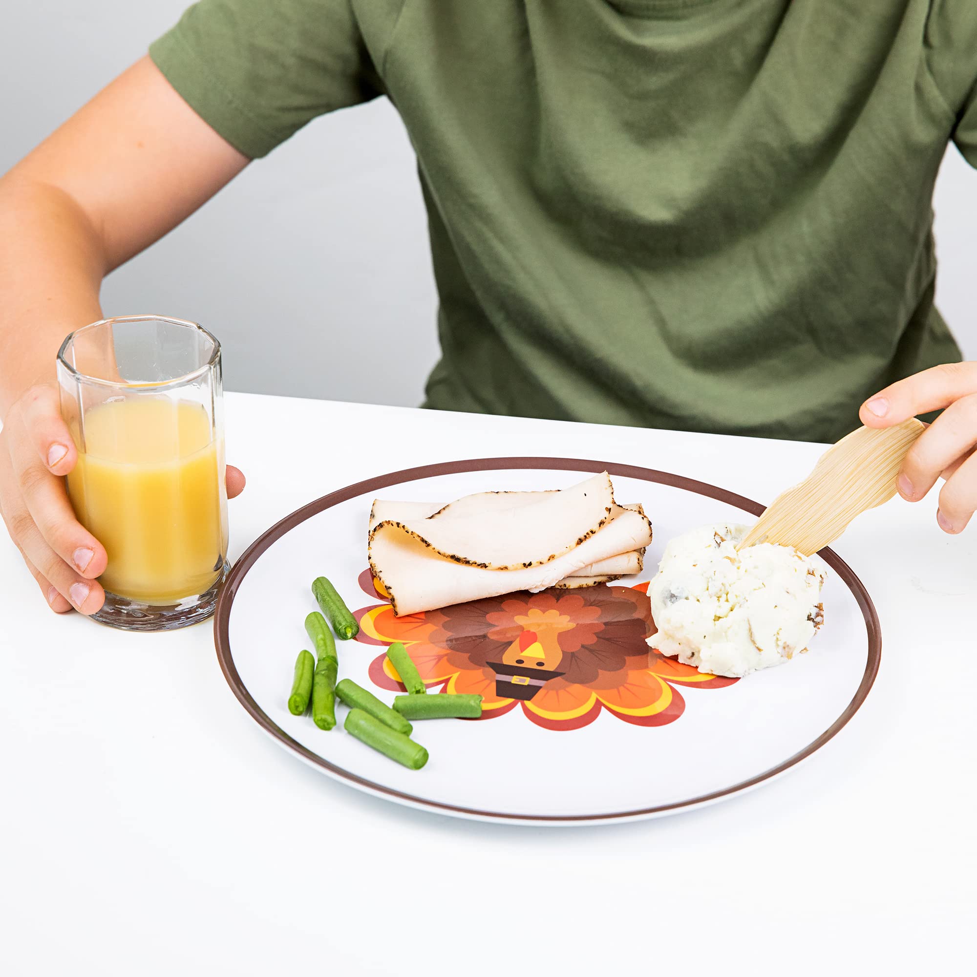 Tiny Expressions - 4 Pack Kids Thanksgiving Plates with Adorable Turkey Designs - Durable Melamine Dinnerware for Holiday Meals & Celebrations - Perfect for Family Gatherings, School Parties & Festive Dinners