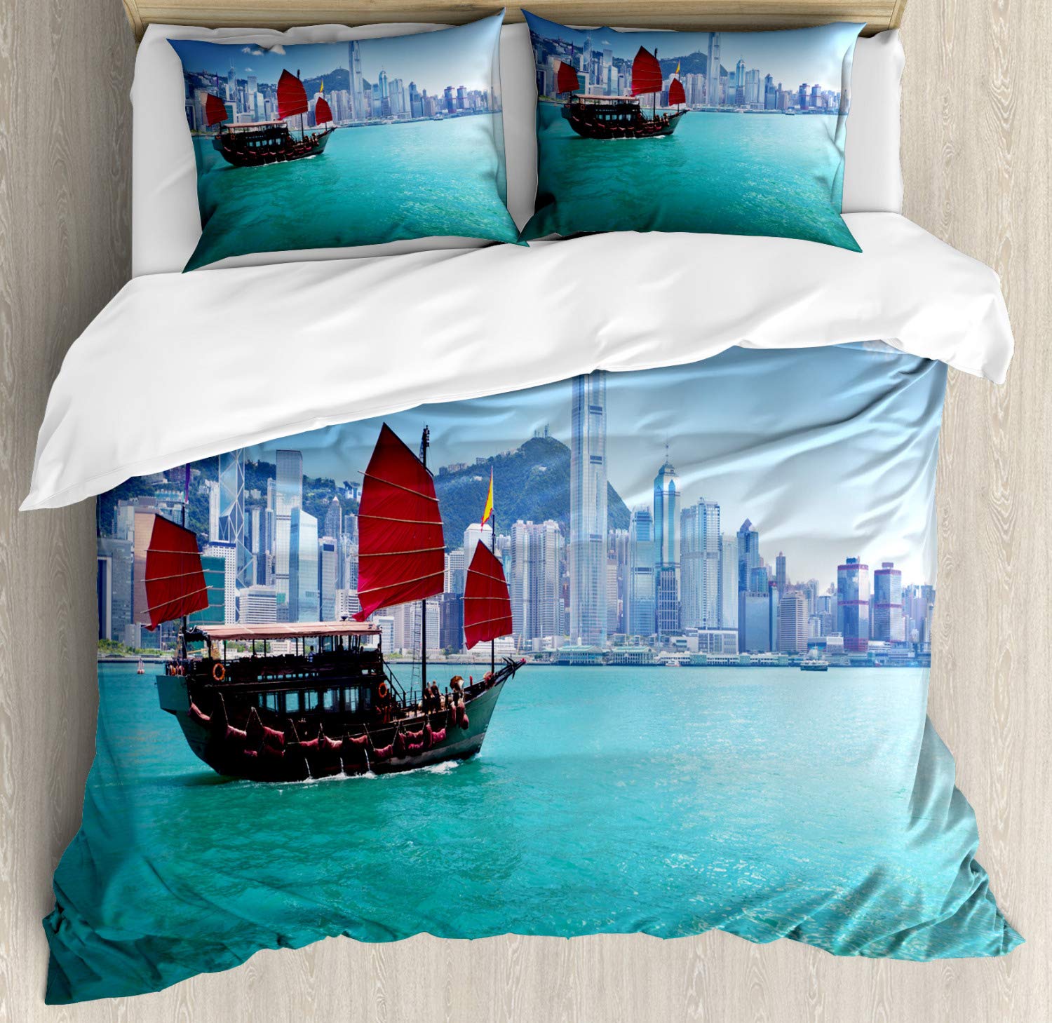 Ambesonne Ocean Duvet Cover Set - Hong Kong Harbour Traditional Junk Boat with Flags & Skyline - 3 Piece Queen Size Bedding Set with 2 Pillow Shams in Blue Aqua Red | Coastal Nautical Theme for Bedroom Decor, Perfect for Beach House & Guest Room Styling