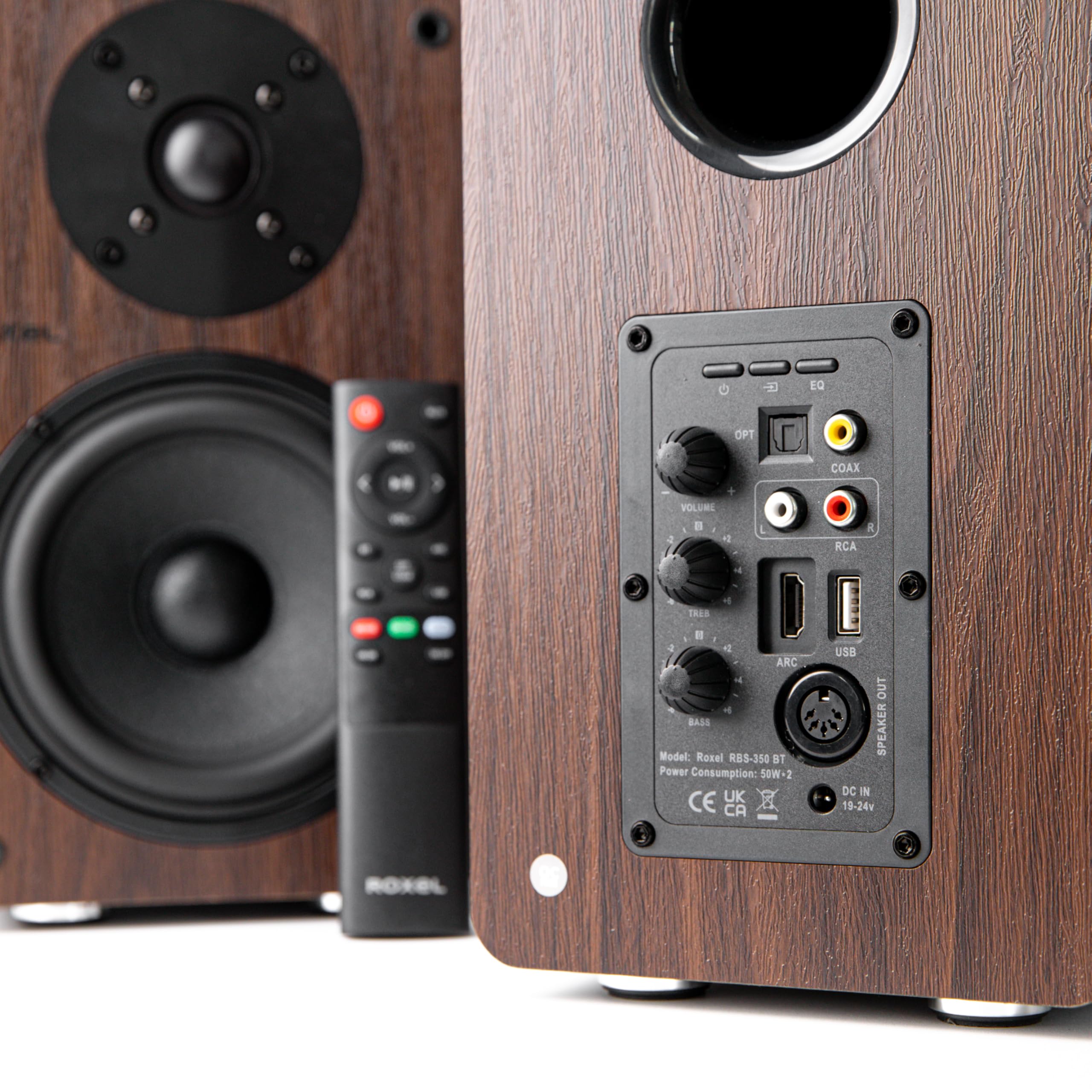 Roxel Onyx Active Bookshelf Speakers - 100W RMS Power, Bluetooth 5.0 Wireless Streaming, HDMI ARC, 3m Speaker Cable - Premium Sound for Home Theater, Movies, Music & Office - Walnut Finish - Perfect for Living Room, Gaming Setup & Workspace Entertainment