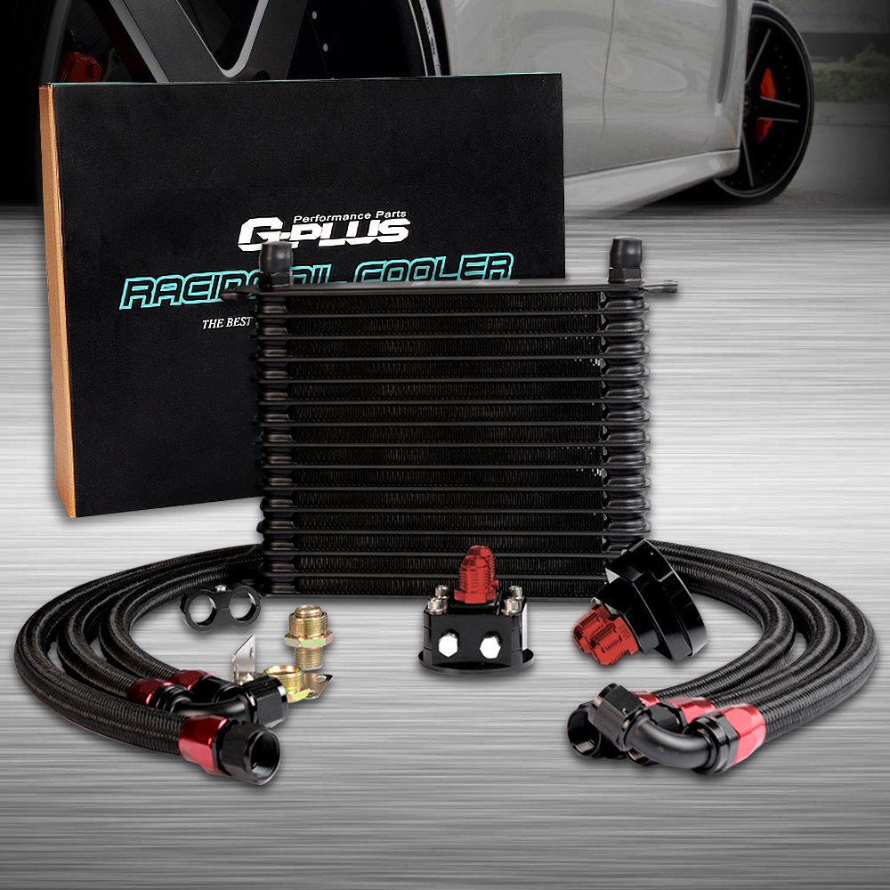 G-PLUS Universal 15 Row AN10 Engine Transmission Oil Cooler Kit with Oil Filter Relocation - High Performance Cooling for Racing, Towing & Off-Road Vehicles