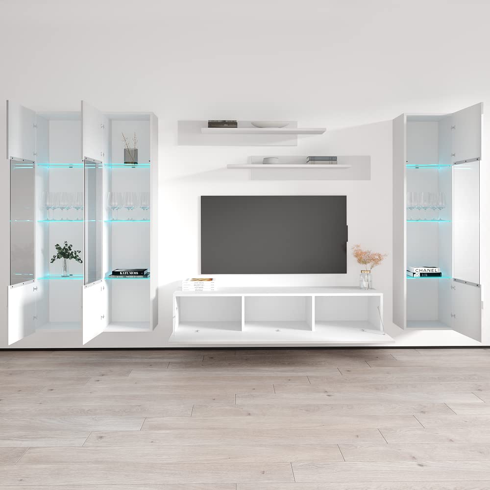 Modern White Wall-Mounted TV Stand with Storage Shelves & LED Lights - Floating Entertainment Center Console for Bedroom & Living Room - Perfect for Small Spaces & Home Theater Setups - Meble Furniture Fly CD3 30TV Stand