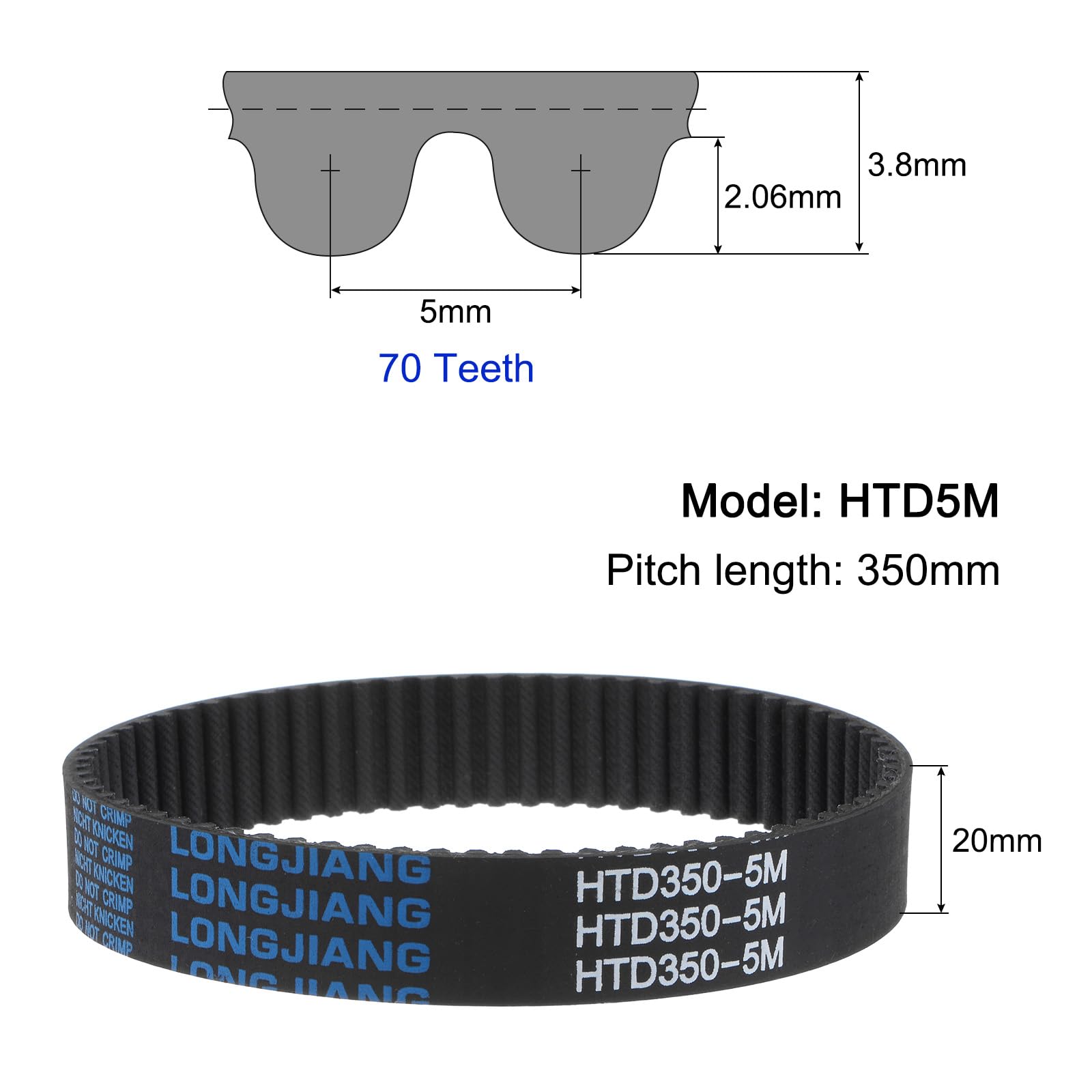 HTD5M-350 Rubber Timing Belt 70 Teeth 20mm Width 350mm Pitch Length Synchronous Drive Belt for 3D Printers, CNC Machines & Industrial Equipment