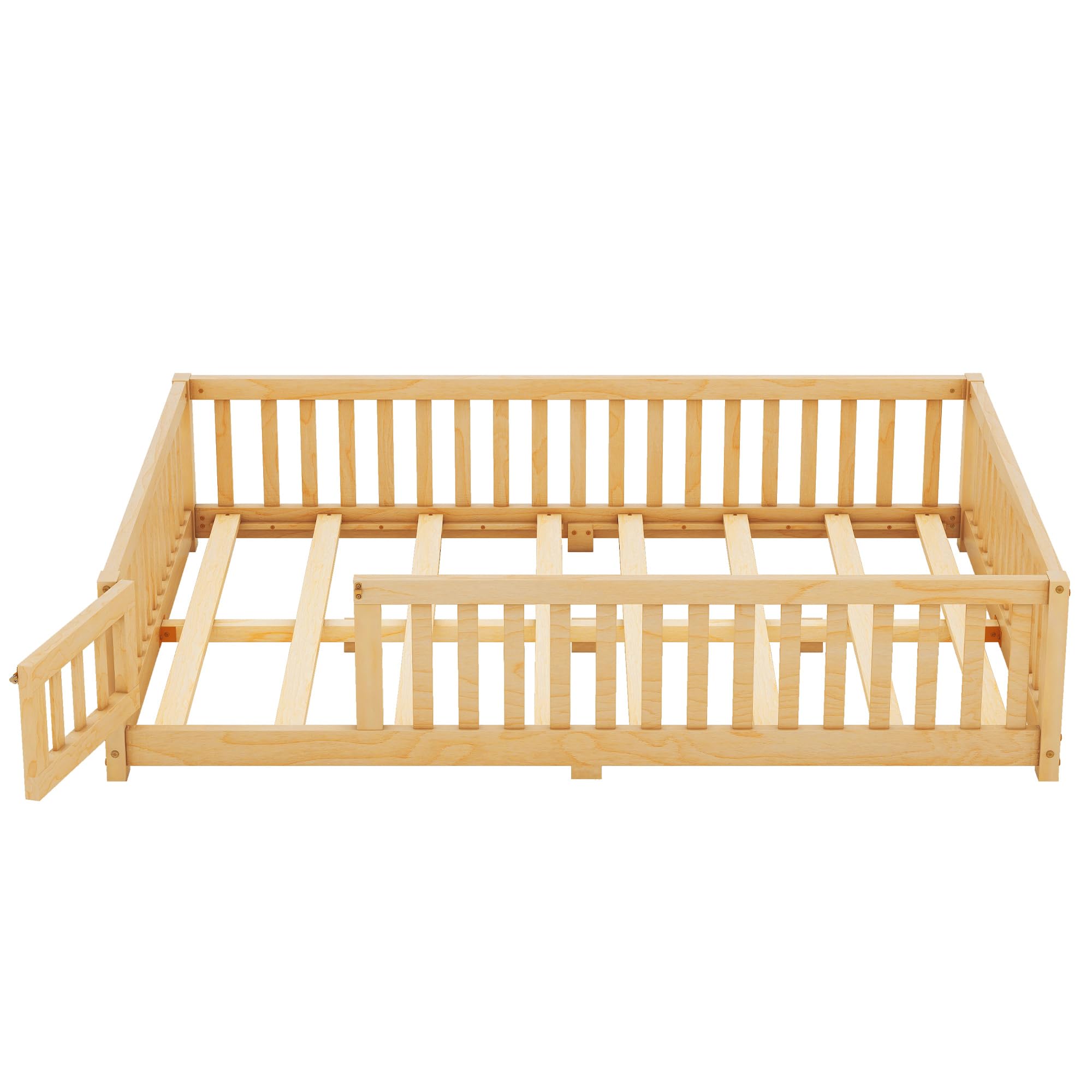 Montessori Full Size Floor Bed with Slats & Center Support Bar - Natural Wood Toddler Bed with Safety Fence & Door for Kids Room, Playroom or Nursery
