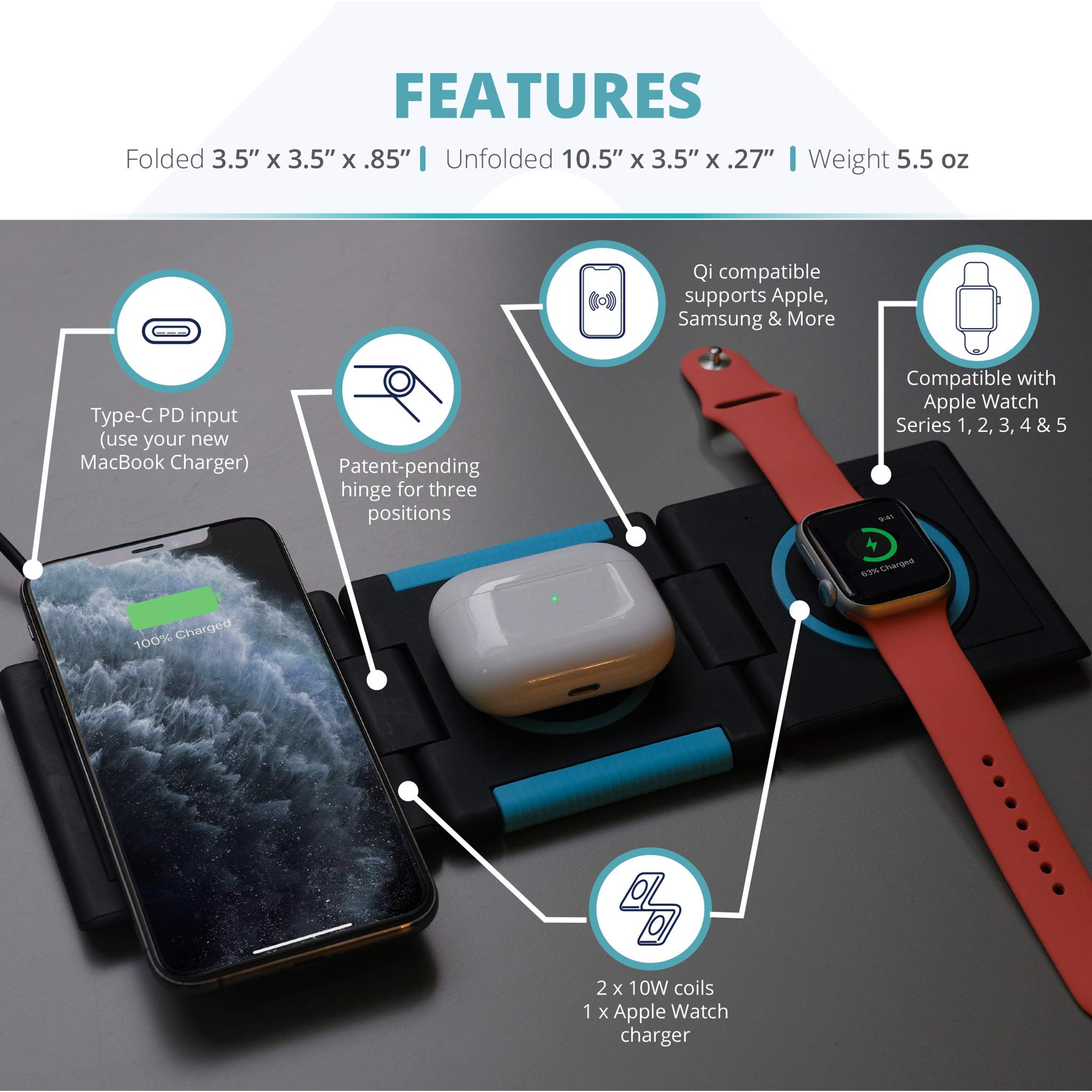 3-in-1 Foldable Wireless Charger for iPhone 15/14/13/12/11, Apple Watch Ultra/SE/Series 1-9 & AirPods Pro/Gen3 - 10W Fast Charging Station with Adapter & Cable - Glow LED Indicator - Perfect for Travel, Office & Nightstand Charging