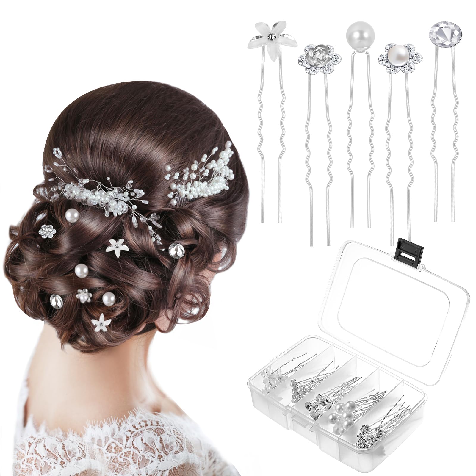 48-Pack Wedding Hair Pins Set - 5 Styles Pearl Rhinestone Crystal Flower Hair Clips & Bridal Hair Accessories for Women | Perfect for Weddings, Prom, Parties & Special Occasions