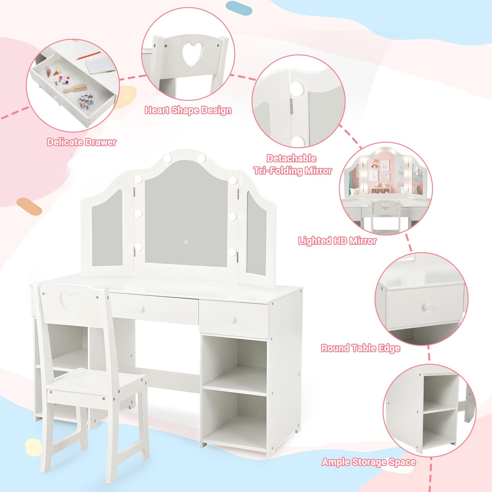 **Princess Makeup Vanity Set with Lights - Kids Vanity Desk with Storage, Touch Light & Detachable Mirror, 2-in-1 Wooden Vanity Table & Chair for Girls - Perfect for Bedroom, Playroom & Birthday Gifts**