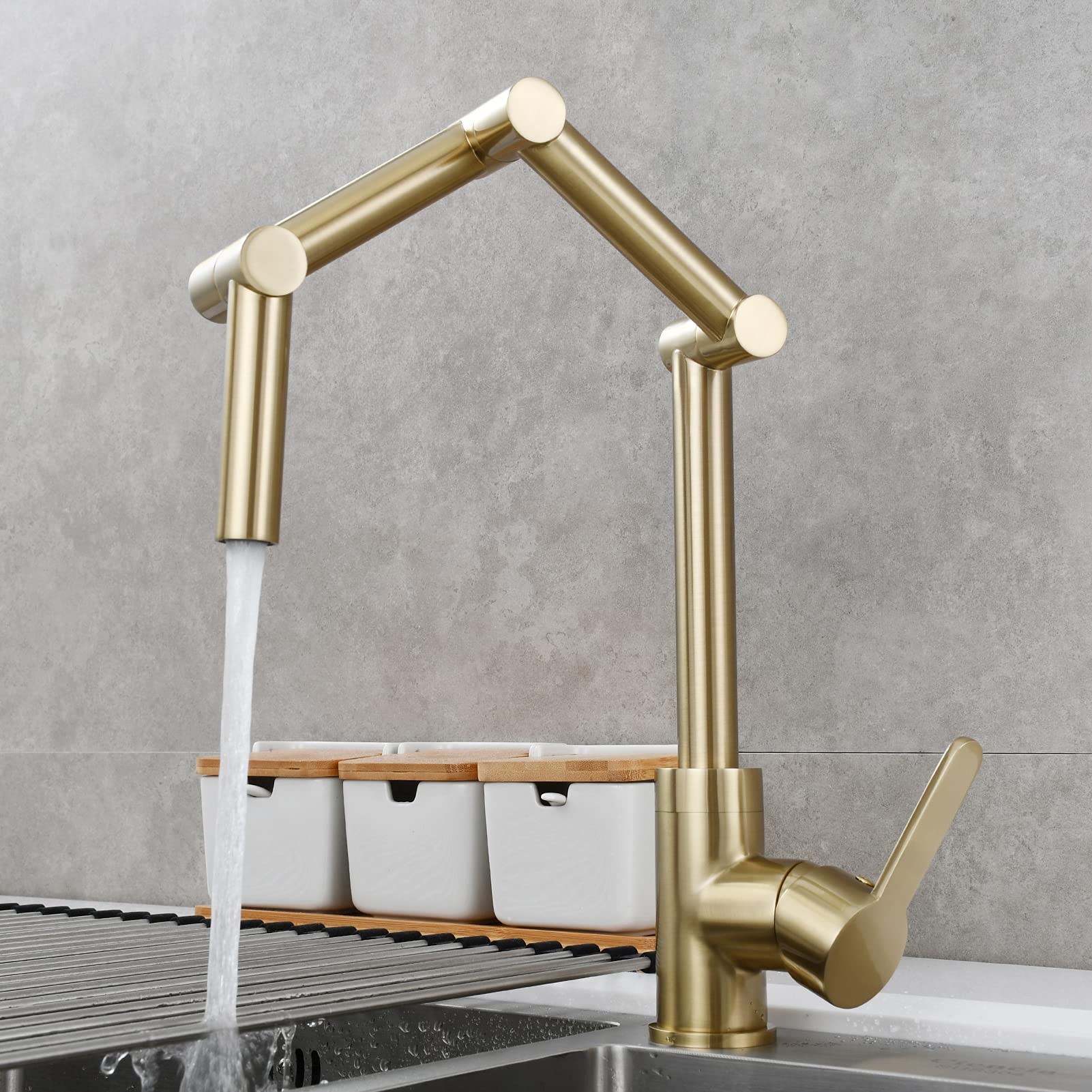 Brushed Gold Pot Filler Faucet - Deck Mount Brass Folding Kitchen Sink Faucet for Hot & Cold Water - BJ21231 - Perfect for Cooking, Filling Pots & Pans in Modern Kitchens