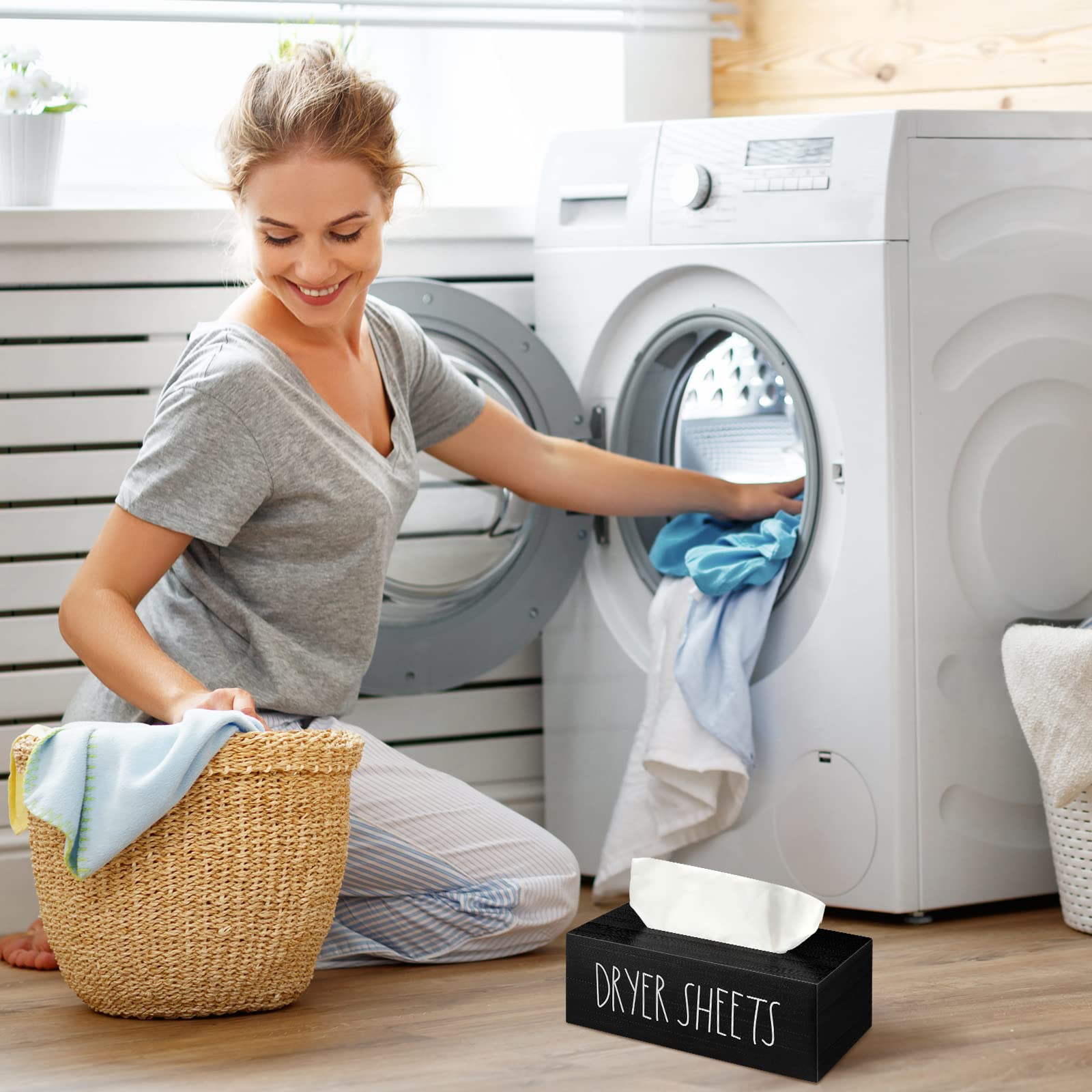 Luxury Wooden Dryer Sheet Holder Dispenser - Fabric Softener Storage Box for Laundry Room Organization - Black Wooden Decor with Light Luxury Style - Perfect for Laundry Room, Closet & Home Decor