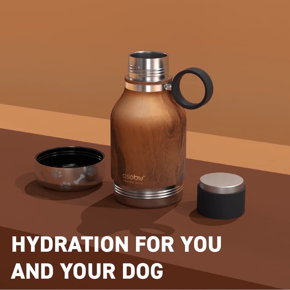 Asobu Insulated Stainless Steel Travel Bottle with Dog Bowl - 33oz, Hardwood - Perfect for Hiking, Camping & Outdoor Adventures with Your Pet