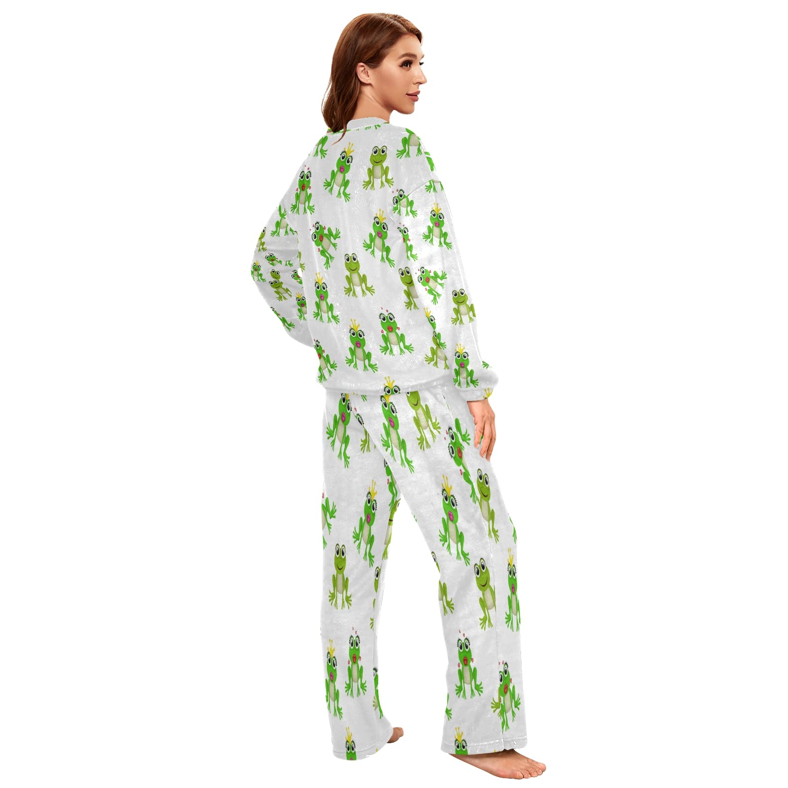 Funny Frog Print Flannel Pajama Set for Women - 2 Piece Long Sleeve Sleepwear & Lounge Outfit - Cozy Winter Nightwear for Relaxing at Home or Sleepovers