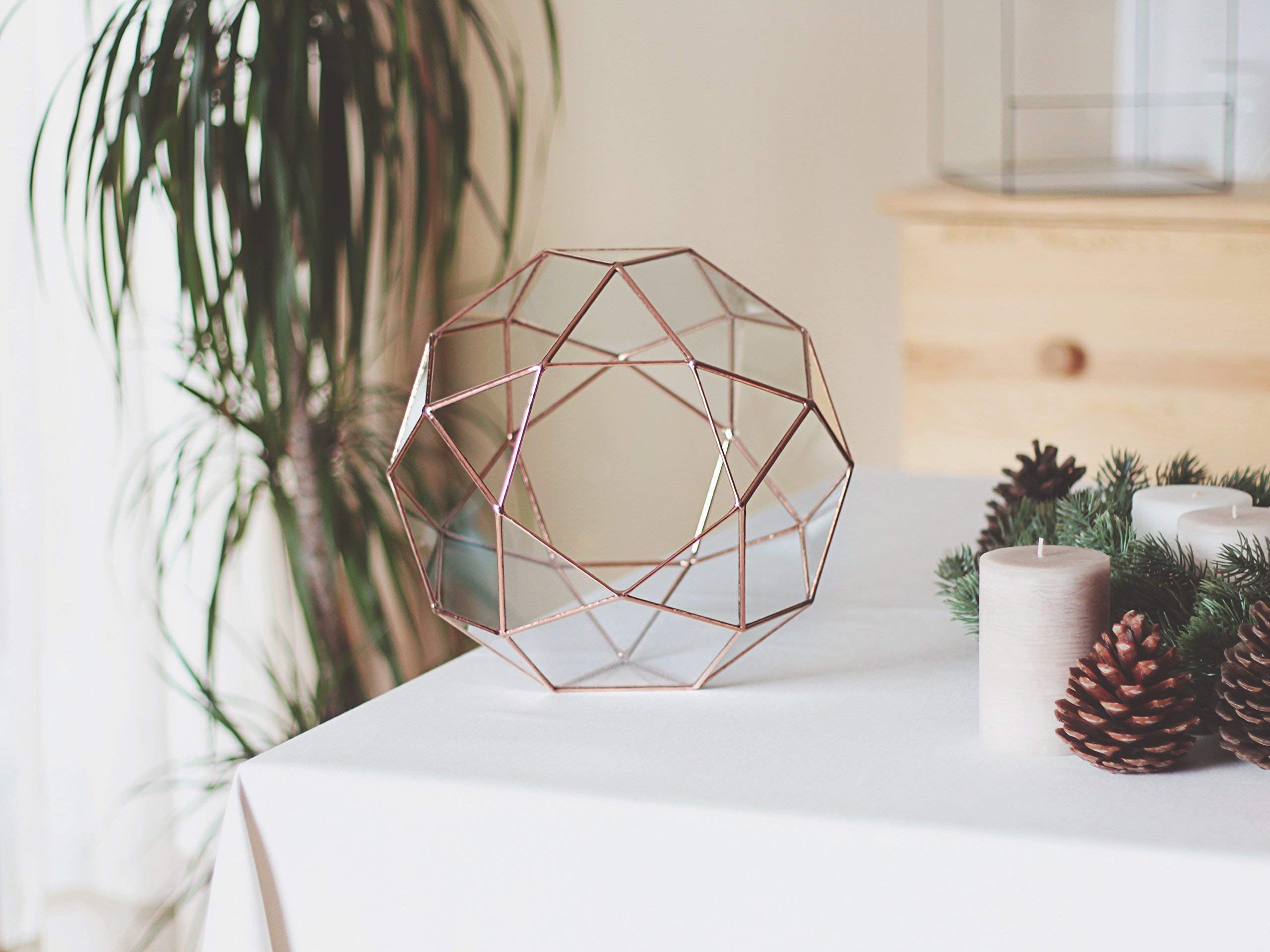 Geometric Glass Terrarium Planter for Indoor Plants - Large Icosidodecahedron Shape in Copper, Silver & Black - Modern Home & Office Decor for Succulents, Air Plants & Mini Gardens