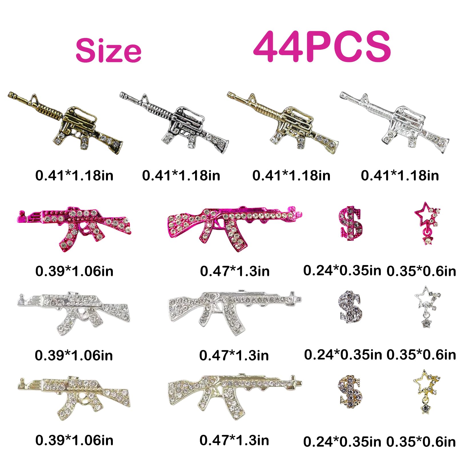 44PCS Gun Nail Charms - Gold & Silver Alloy Nail Art Rhinestones with Dollar Sign & Star Designs - Acrylic Nail Decorations for DIY Nail Art - Perfect for Salon, Party, and Special Occasion Nail Designs