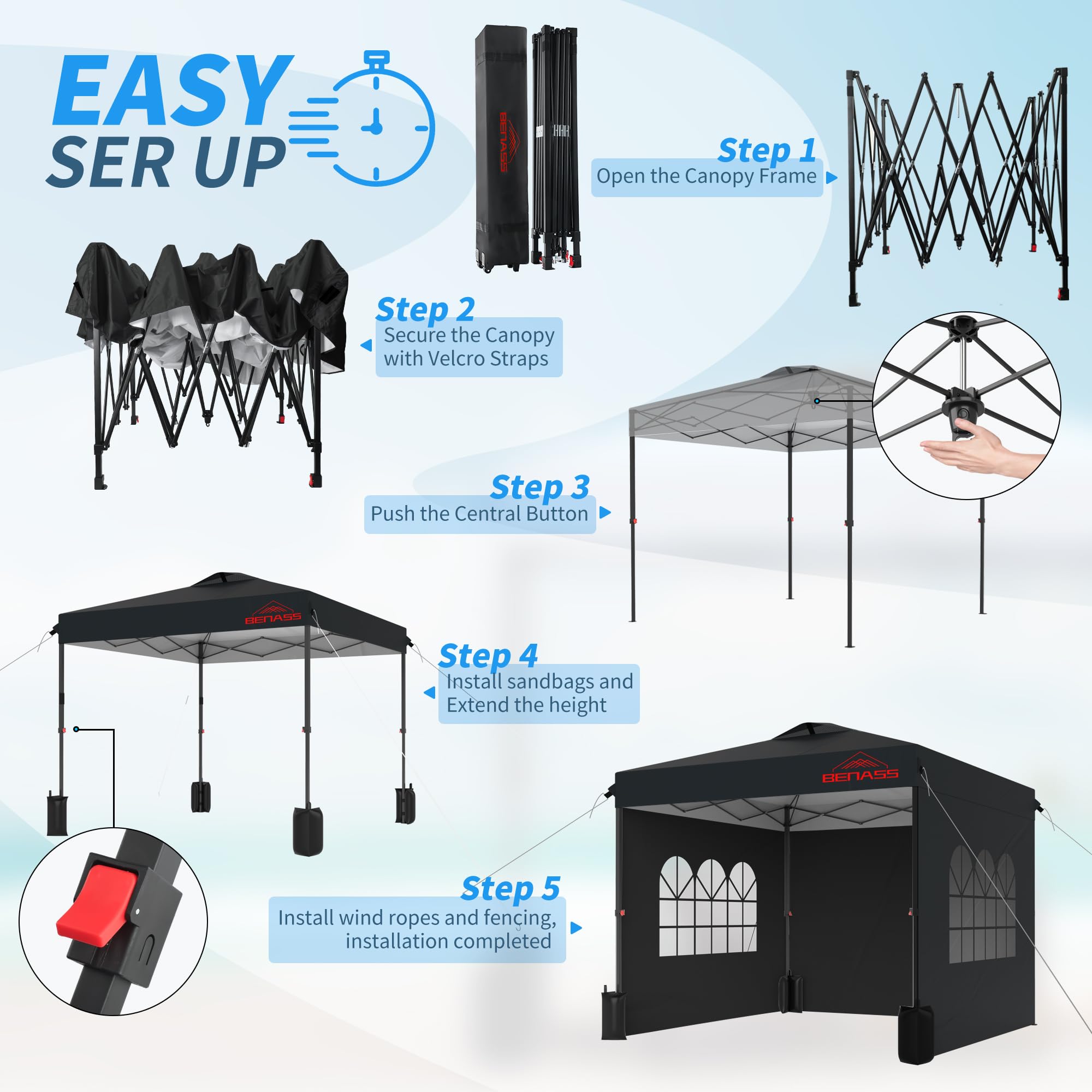 10x10 Pop Up Canopy Tent with Removable Sidewalls - Heavy Duty Instant Shelter for Outdoor Events, Parties, Camping & Backyard Gatherings - Easy One-Person Setup in Black
