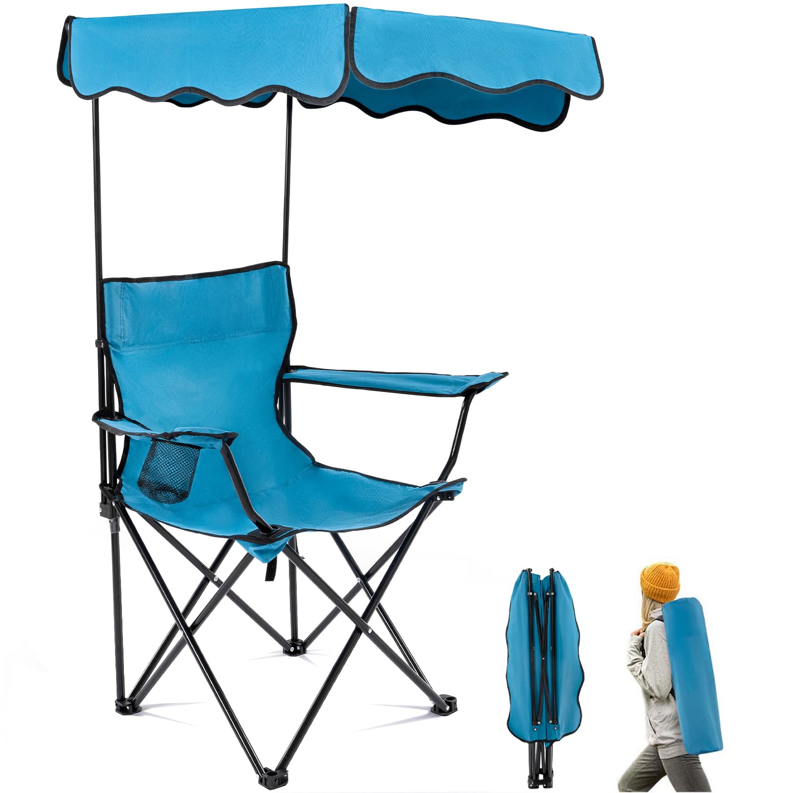 Portable Folding Camping Chair with Canopy Shade - Heavy Duty 330lbs Capacity Lawn Chair with Cup Holder & Umbrella Support - Perfect for Beach, Fishing, Picnics, Garden, Sports & Outdoor Patio Relaxation