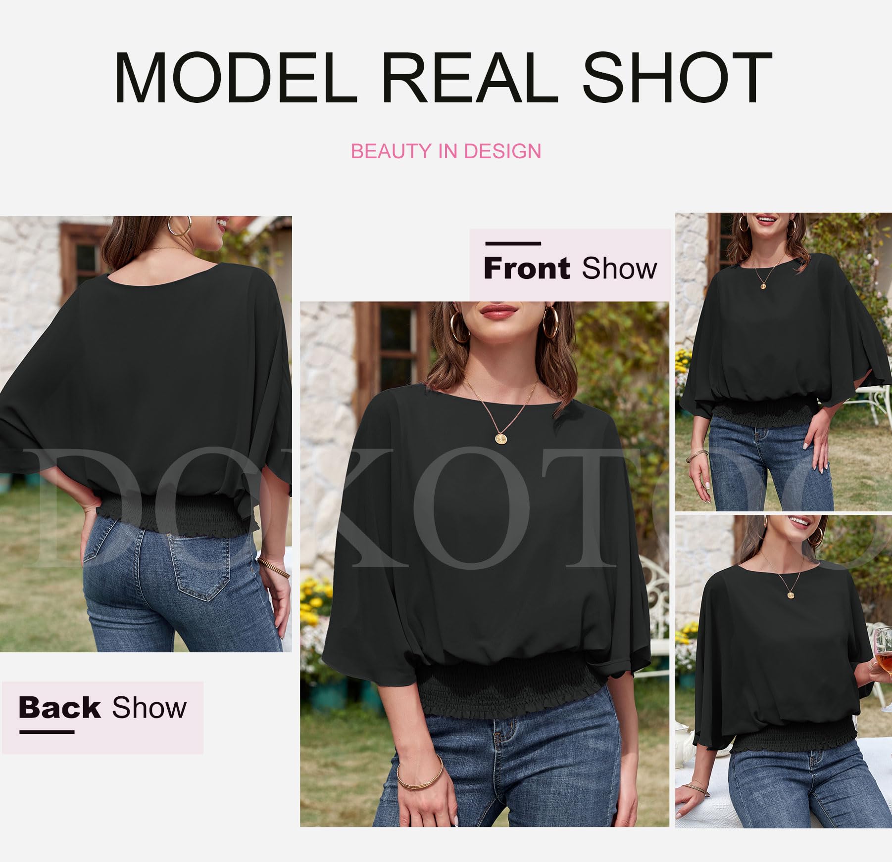 Dokotoo Women's 3/4 Sleeve Chiffon Blouse - Crewneck Business Casual Tops for Work & Office Wear | Elegant Dressy Shirts for Women