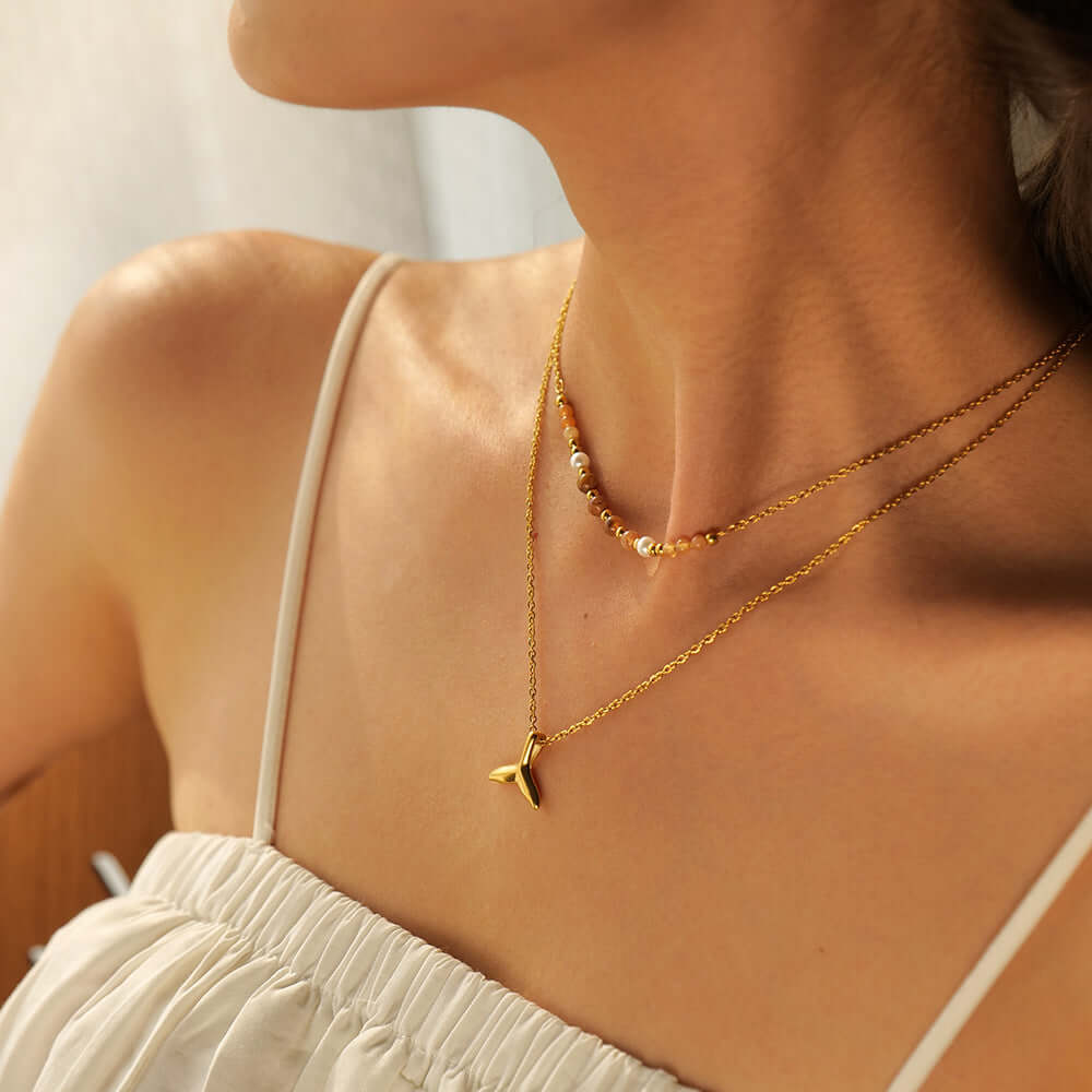 18K Gold Whale Tail Glass Bead Layered Necklace for Women - Elegant Layered Pendant Jewelry Gift for Birthday, Anniversary & Valentine's Day | JDN2306