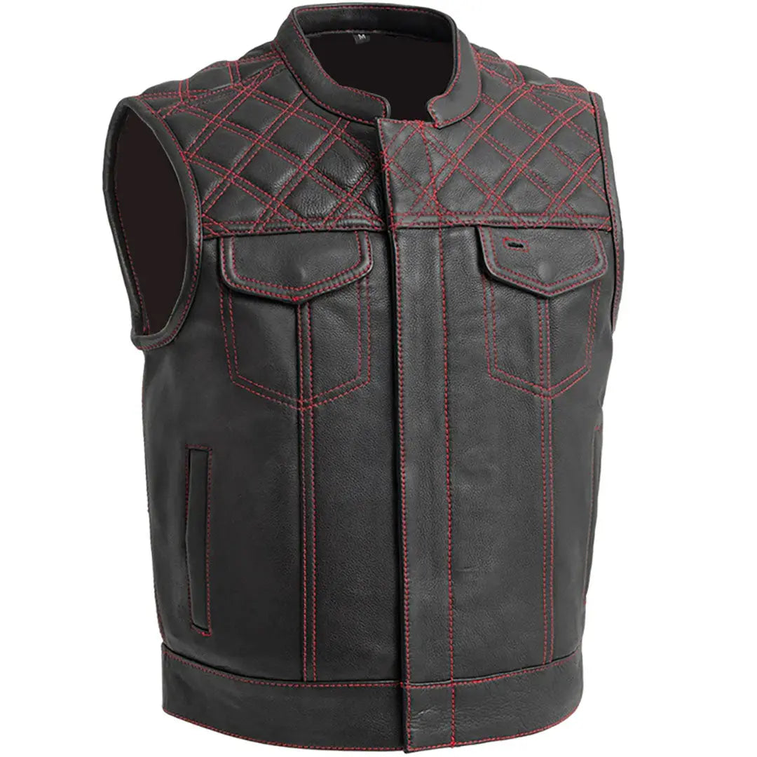 Open Road Men's Upside Leather Vest with Red Stitched Diamonds - Stylish Biker Jacket for Motorcycle Riding & Casual Outfits