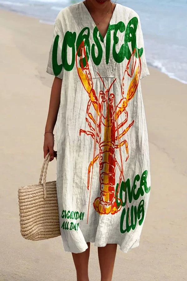 Stylish Marine Print V-Neck Short Sleeve Midi Dress for Women | Beach Vacation, Summer Outfits, Casual Wear