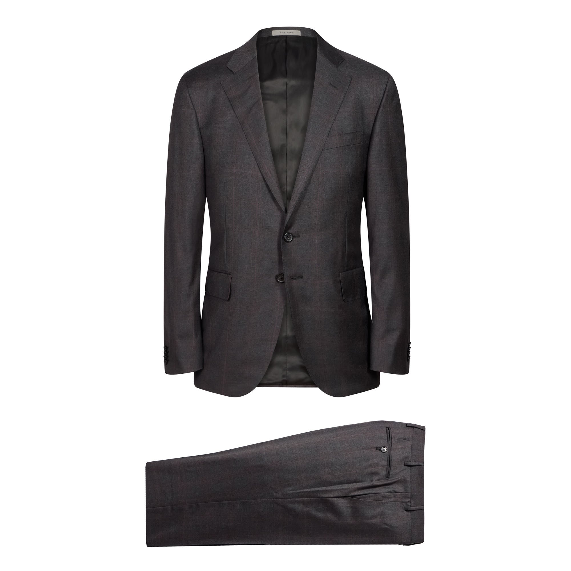 Corneliani Charcoal & Burgundy Checked Wool Suit for Men - Premium Business Attire for Office, Weddings & Formal Events