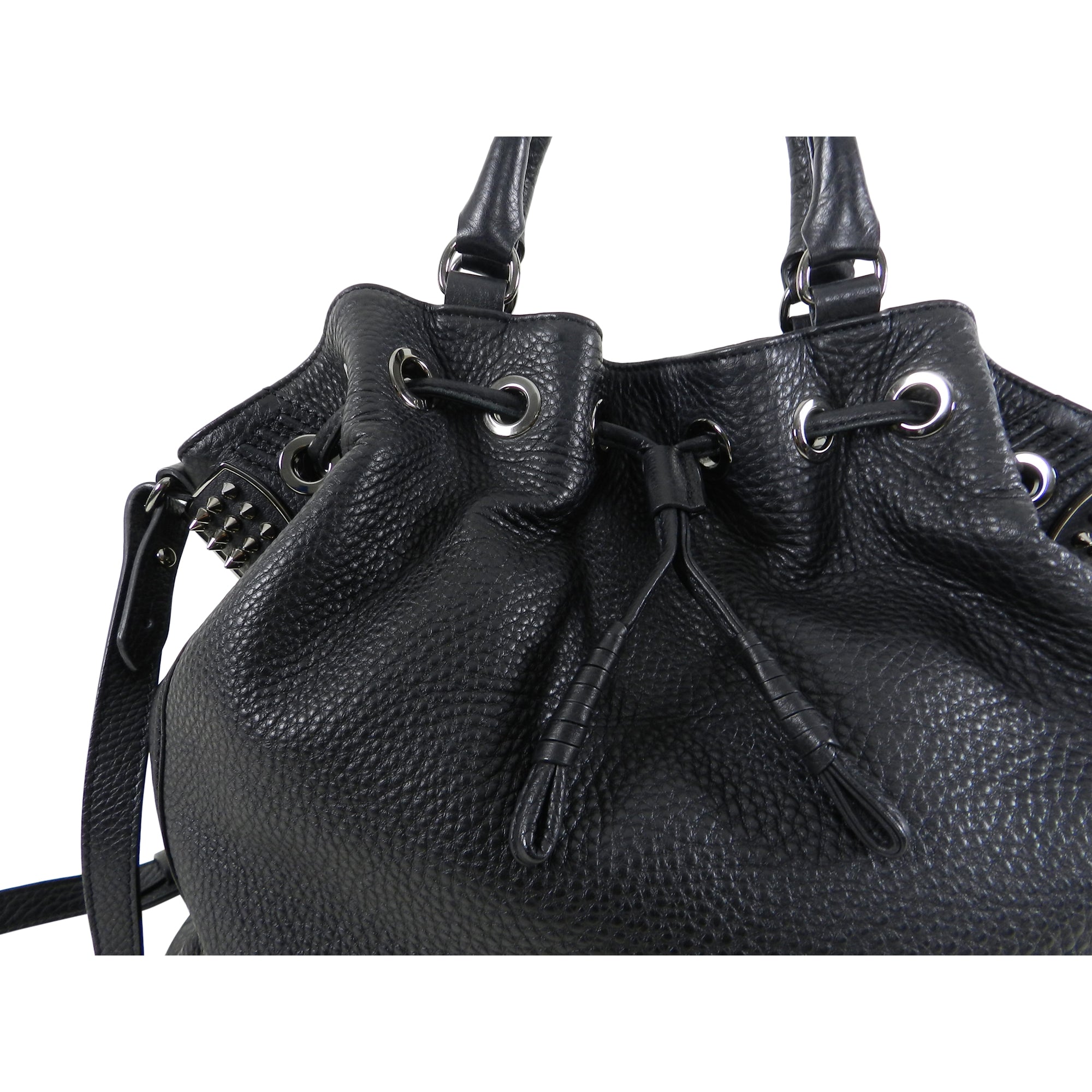 Christian Louboutin Black Leather Studded Drawstring Handbag - Stylish Crossbody Purse for Women, Perfect for Parties & Night Out
