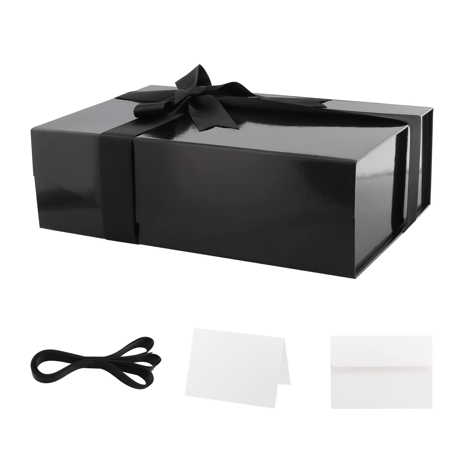 PACKQUEEN 5 Large Magnetic Gift Boxes with Ribbons - Glossy Black Present Box for Groomsman Proposals, Jewelry, Watches & Luxury Gifts (13.5x9x4.1 Inches) - Includes Lid & Blank Greeting Cards - Perfect for Weddings, Anniversaries & Special Occasions