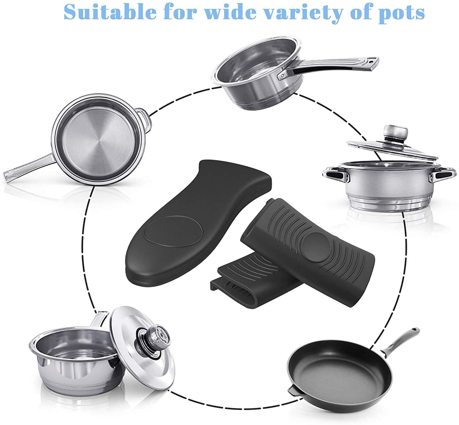 4 Pack Heat Resistant Silicone Pot Handle Covers - Non-Slip Oven Mitts for Cast Iron Skillets & Pans | Safe Grip Protectors for Hot Cookware | Perfect for Baking, Grilling & Stovetop Cooking (Black)