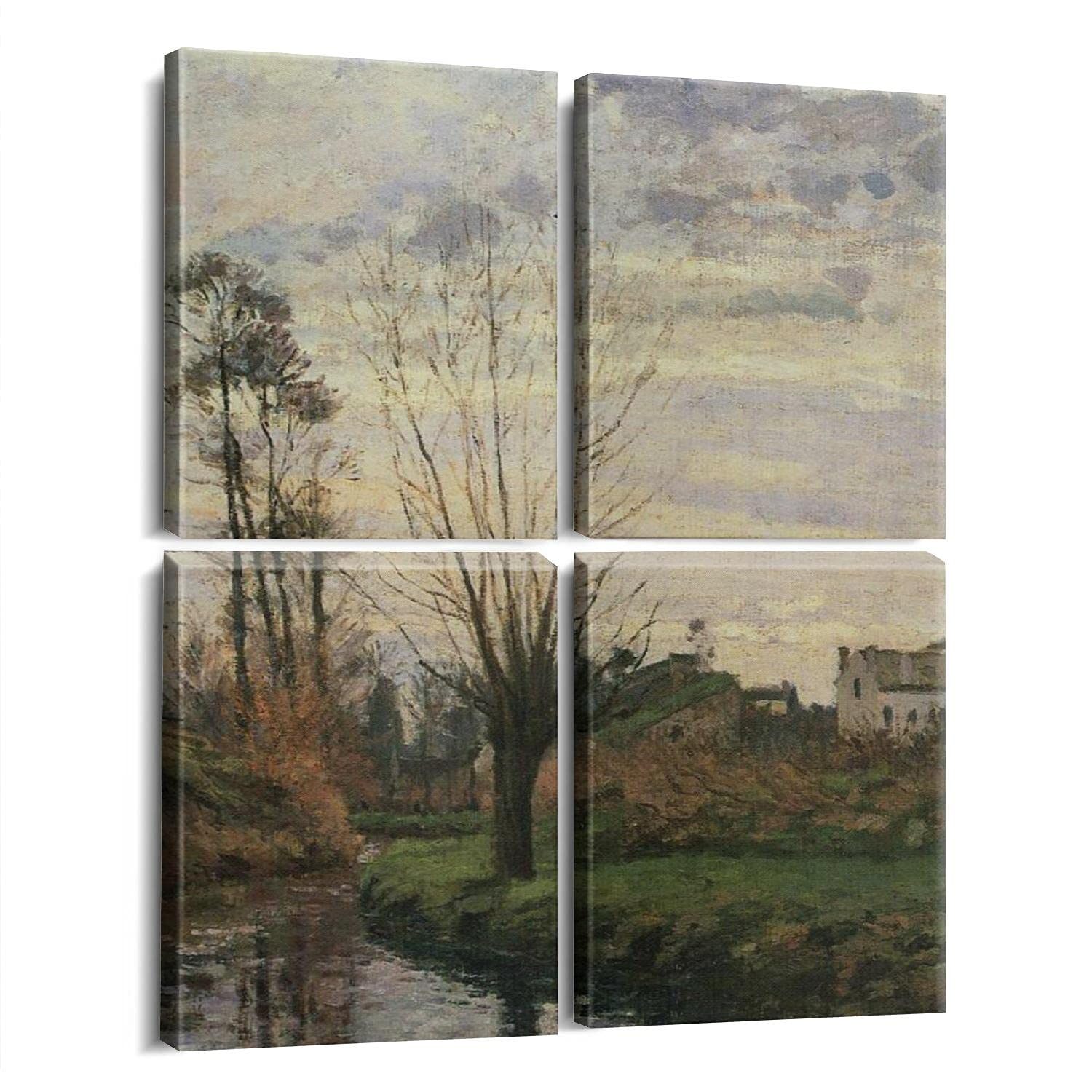 4-Piece Canvas Wall Art Prints - Camille Pissarro Landscape with Small Stream - Modern Home Decor for Living Room, Bedroom & Office - Ready to Hang