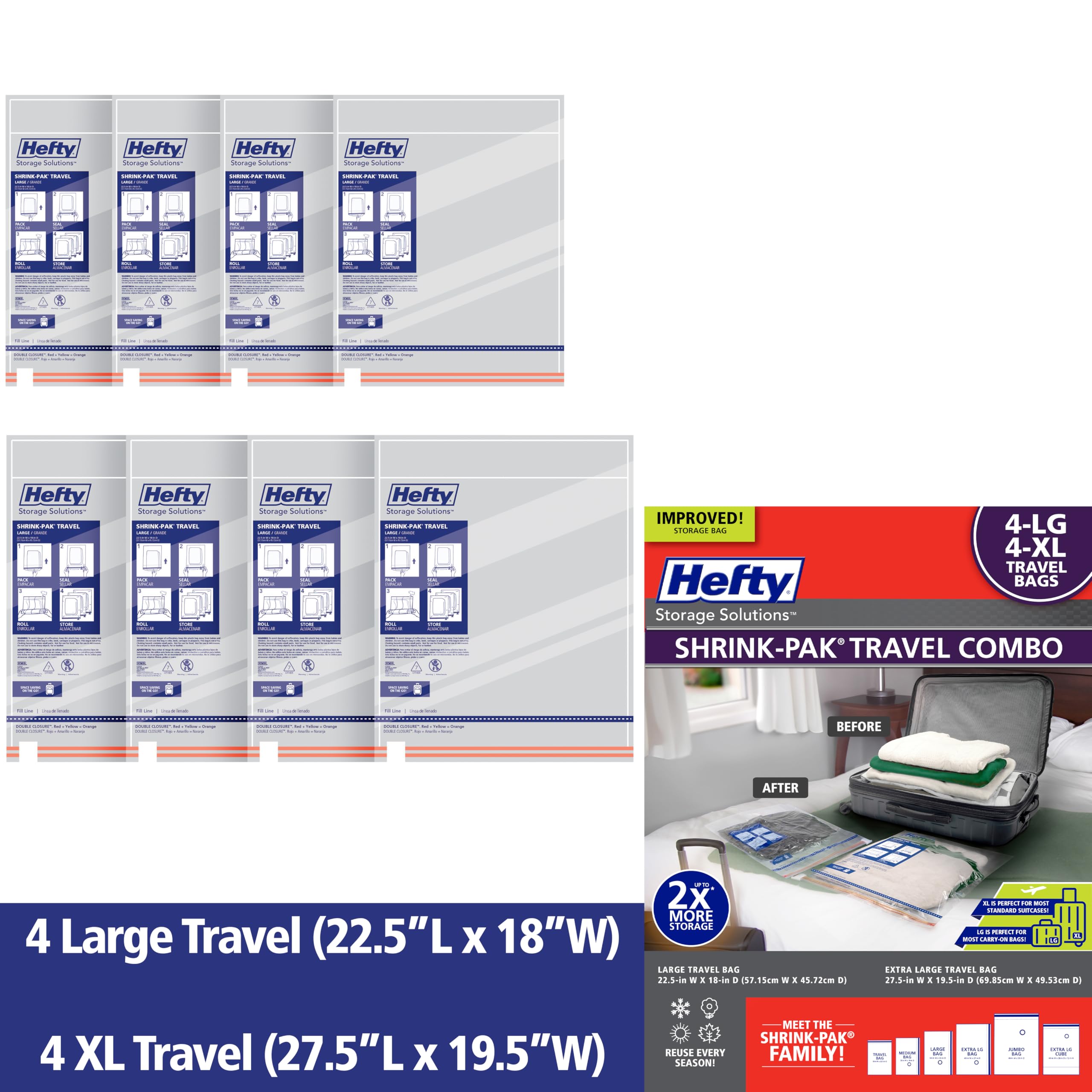 Hefty Shrink-Pak Travel Vacuum Storage Bags - 4 Large (22.5x18 Inches) & 4 XL (27.5x19.5 Inches) Space Saver Bags for Clothes, Pillows, Blankets - Suction Sealer for Luggage, Moving & Home Organization - Perfect for Travel, Storage & Closet Organization
