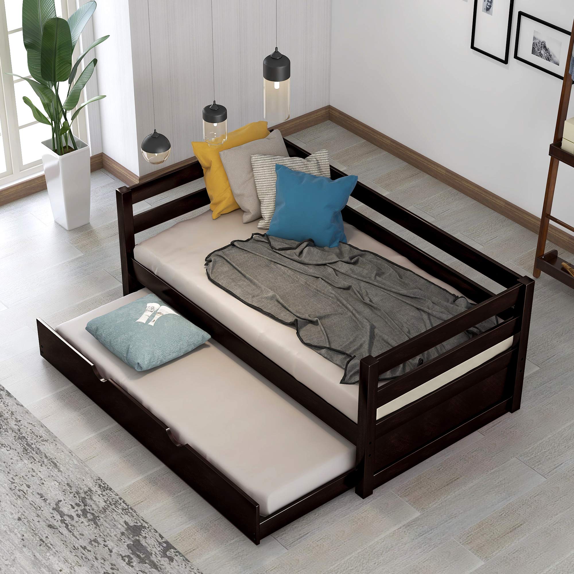 FLIEKS Solid Wood Twin Size Daybed with Pull-Out Trundle - Modern Espresso Wooden Sofa Bed Frame for Guest Room, Dorm & Small Spaces