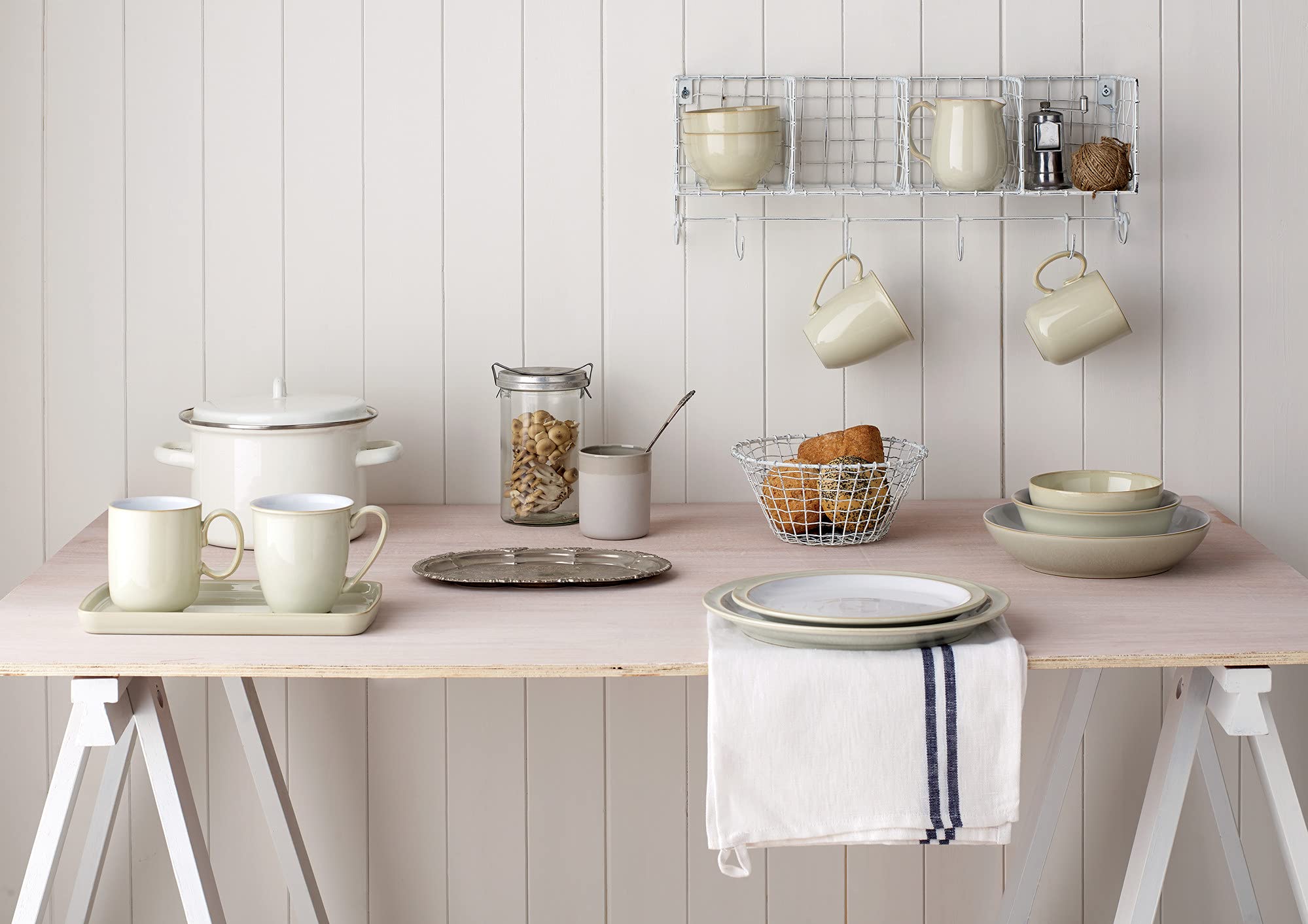 Denby Linen Cream White 4-Piece Ceramic Dinnerware Set - Includes Dinner Plate, Small Plate, Cereal Bowl & Coffee Mug - Dishwasher Safe Stoneware for Everyday Use - Perfect for Home Dining, Entertaining & Gifts