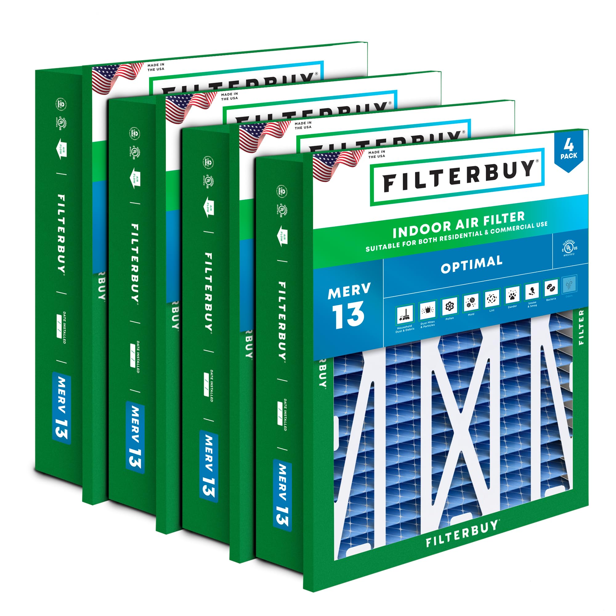 Filterbuy 24x24x5 MERV 13 Pleated Air Filter 4-Pack - High Efficiency HVAC Furnace & AC Replacement Filters (Actual Size 22.38x22.38x4.38) for Home, Office & Commercial Use - Traps Dust, Pollen & Allergens
