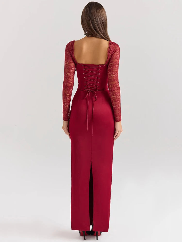 Sexy Backless Long Sleeve Maxi Dress for Women - Solid Square Neck Lace-Up Back Bodycon Club Dress with High Slit | Elegant Evening Wear for Parties, Date Nights & Special Occasions